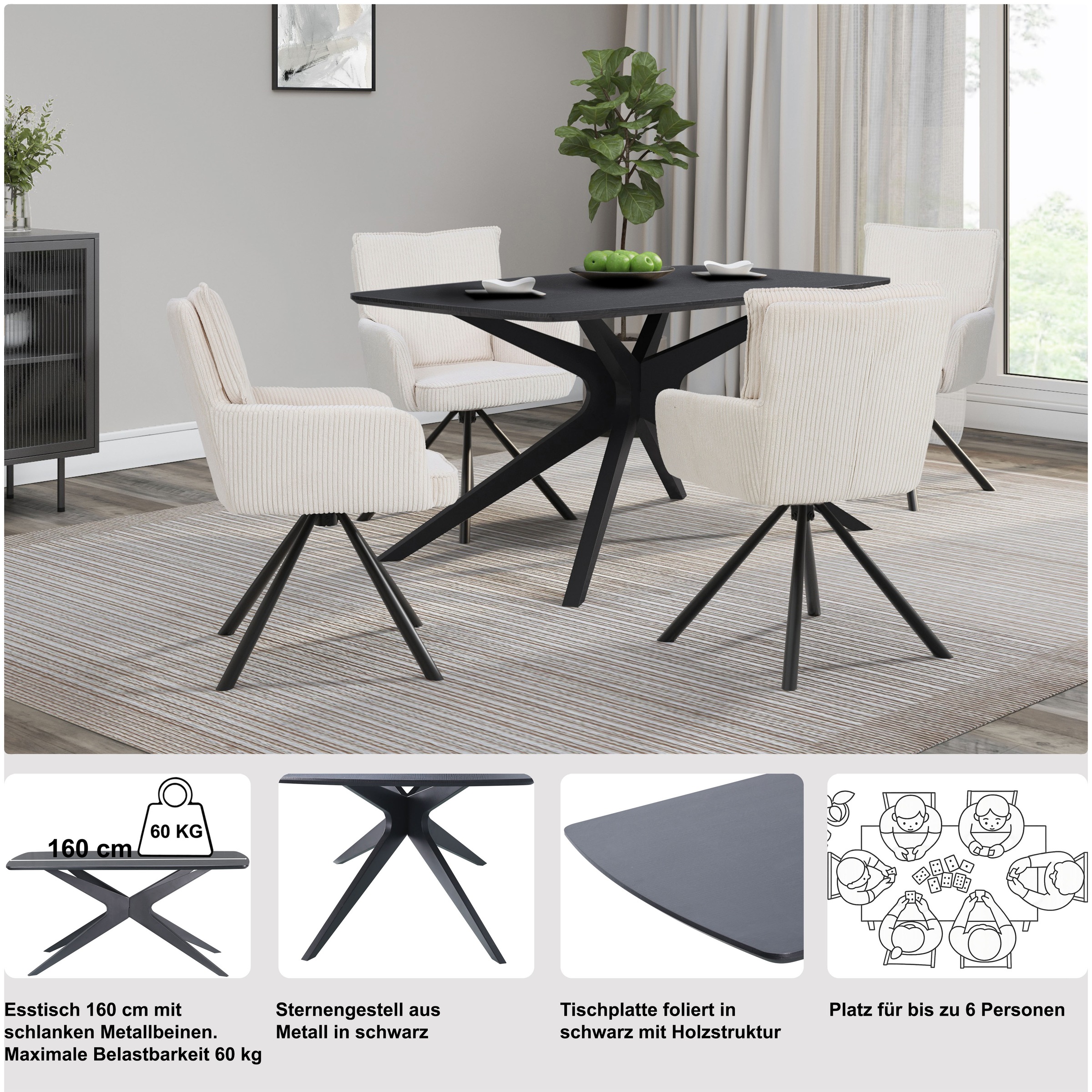 Esstisch OTTO HOME "Dakona", schwarz, schwarz, schwarz, B:160cm H:76cm T:90cm, Tische, Esstisch, Tischplatte mit Holzstruktur, schwarze Metallbeine, Höhe 76 cm 2