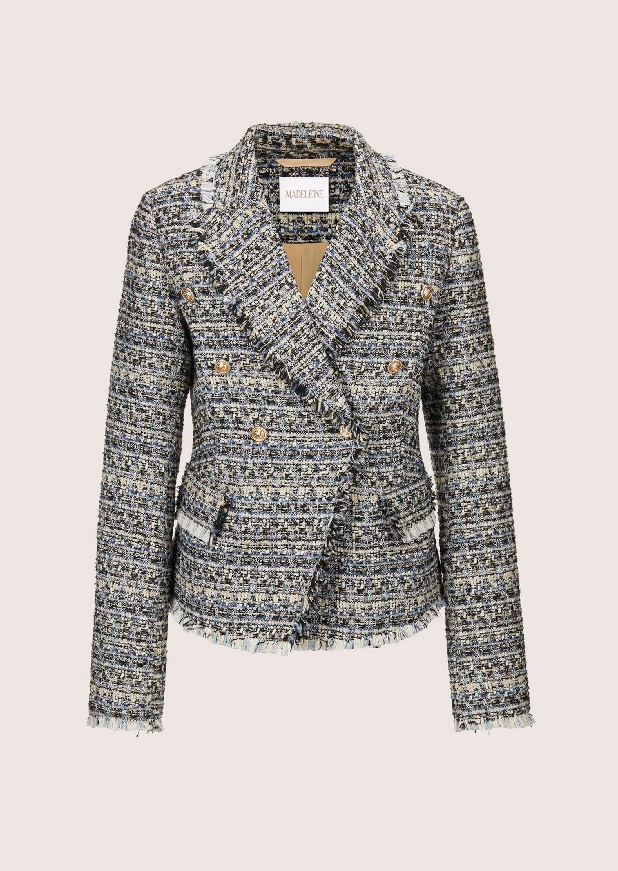 MADELEINE Damen Jerseyblazer "Blazer Kurzer Tweed-Blazer mit Fransen", grün, Gr. 40, Obermaterial: 100% Polyester PES., Blazer