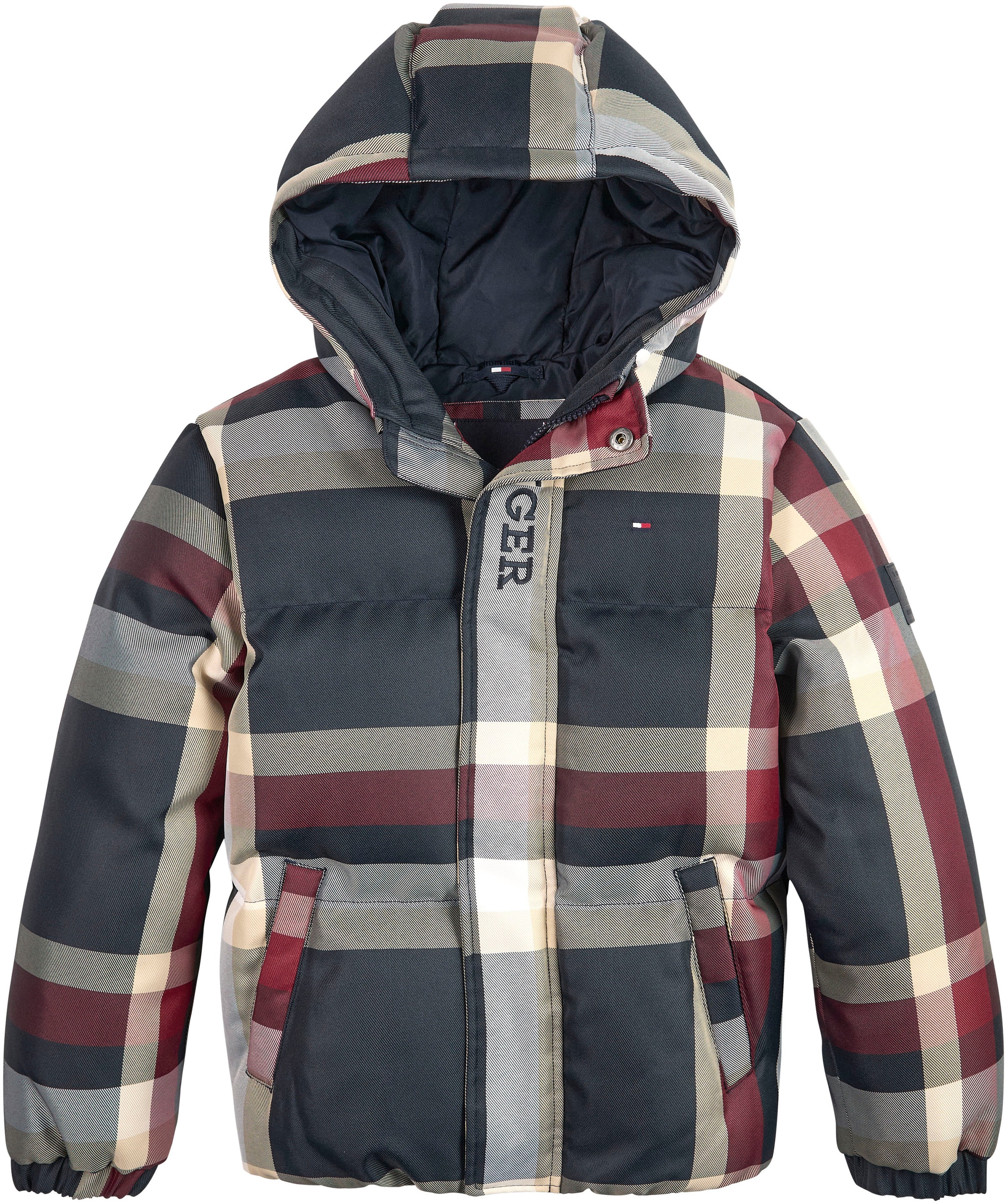 Tommy Hilfiger Winterjacke »GLOBAL STRIPE CHECK PUFFER«, mit Kapuze, im  modischem Karodessin online kaufen | BAUR