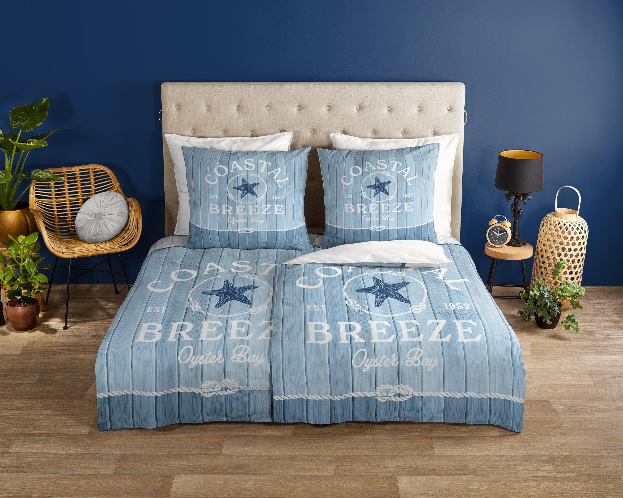 good morning Wendebettwäsche »Breeze«, Baumwolle, Renforcé, Reißverschluss, Wendeoptik, strand, Holz, Blau