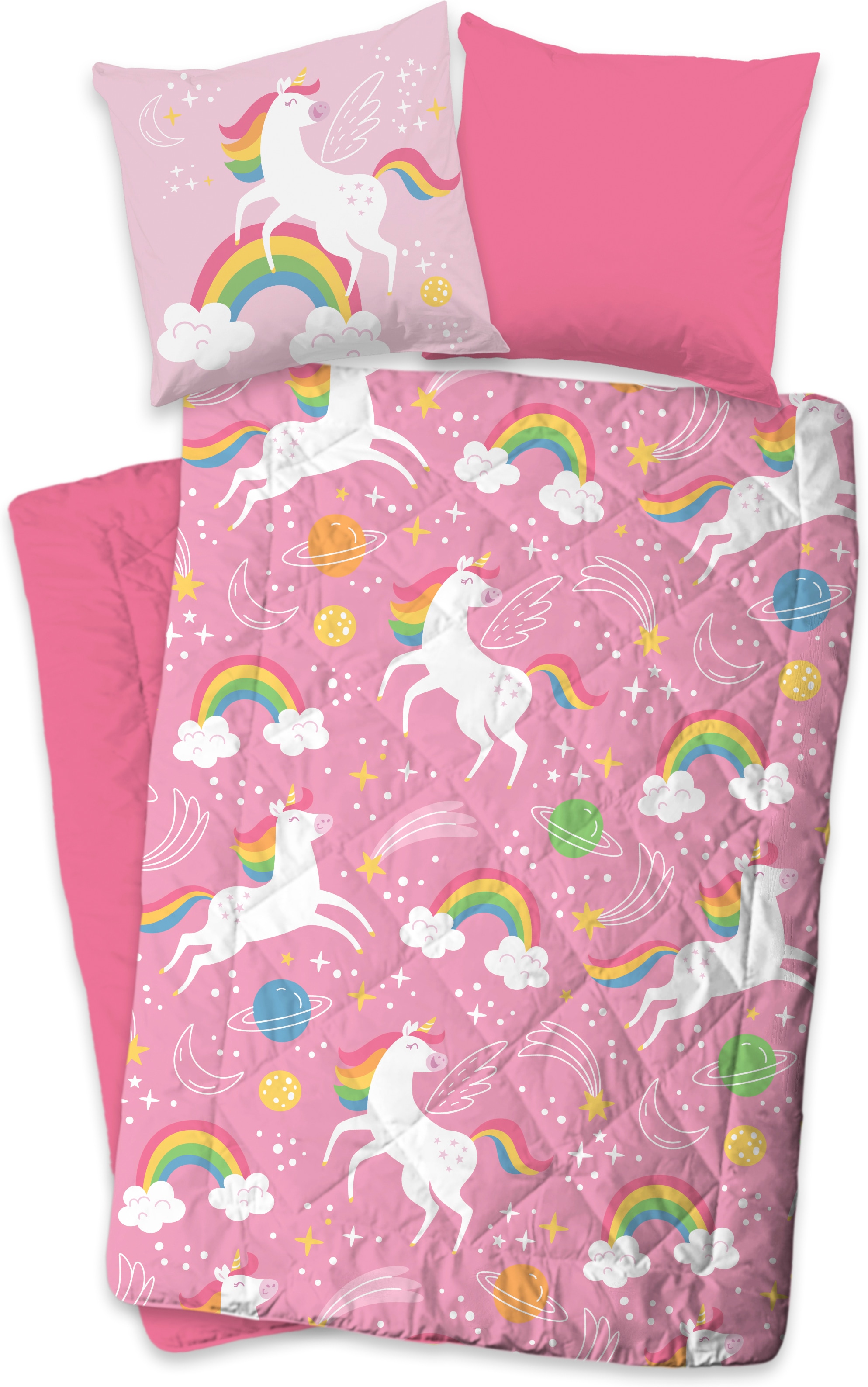 PURE luxury collection Microfaserbettdecke + Kopfkissen "Bella" 2-in-1 Bettdecke, waschbar, 135x200, Wende, Mädchen, Einhorn, Rosa