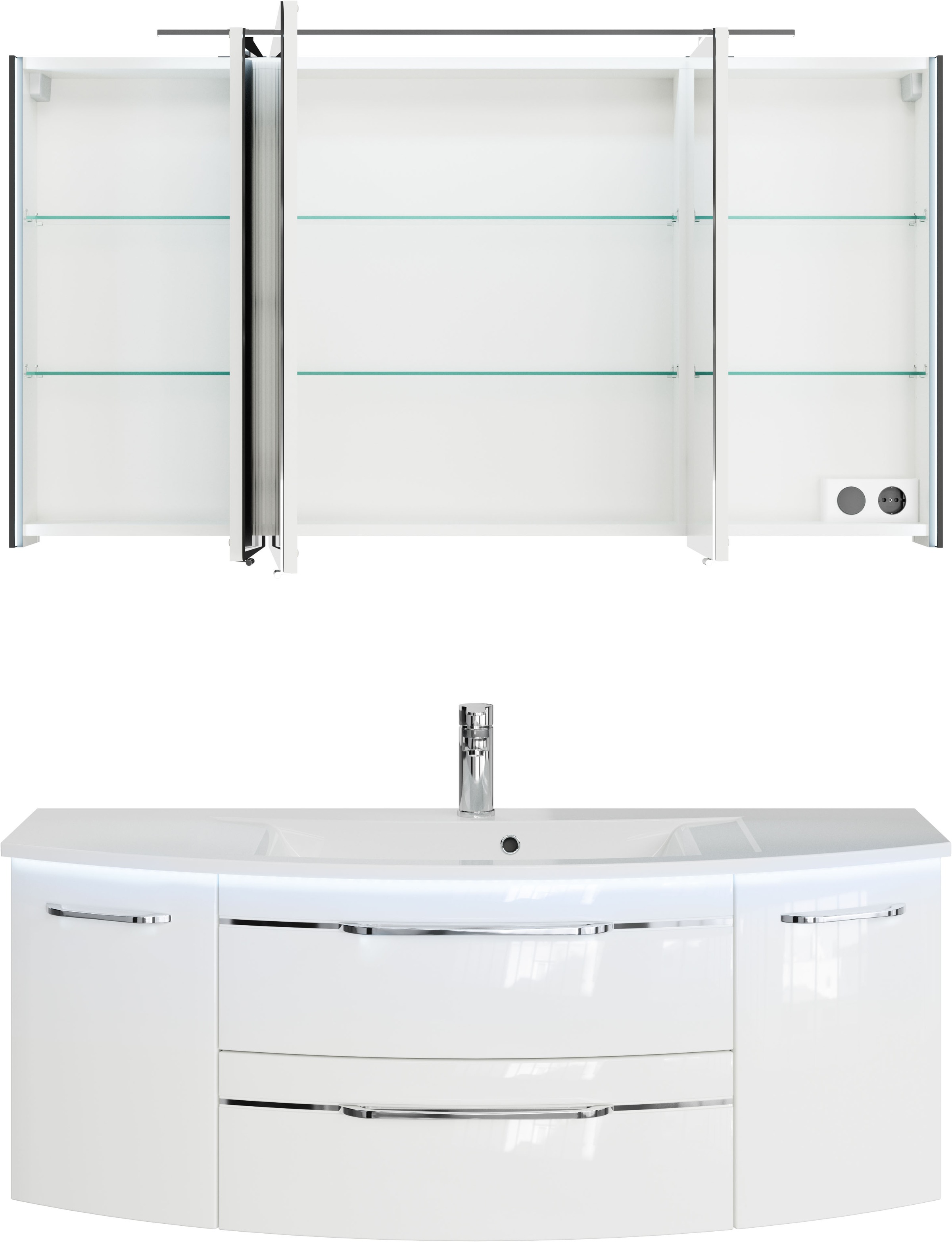 Saphir Badmöbel-Set »Serie 7045 2-teilig Mineralmarmor-Waschtisch mit LED-Spiegelschrank«, (Set, 2 St.), Badezimmer-Set 133,2 cm breit, inkl. Türdämpfer, 5 Türen, 2 Schubladen