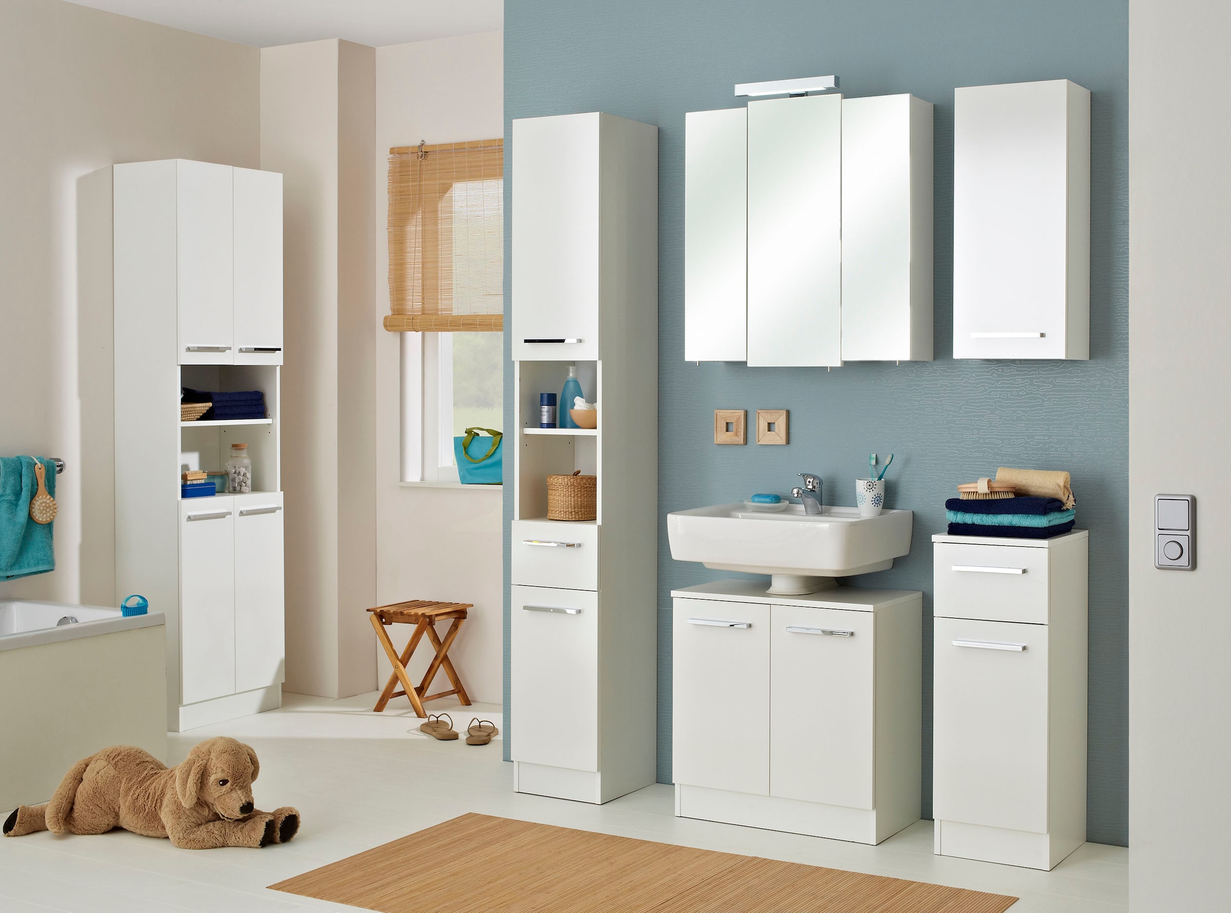 Saphir Badmöbel-Set »Quickset 335 6-teilig, Waschbeckenunterschrank mit LED-Spiegelschrank«, (6 St.), Hochschränke, Unterschrank, Hängeschrank, inkl. Türdämpfer, 13 Türen
