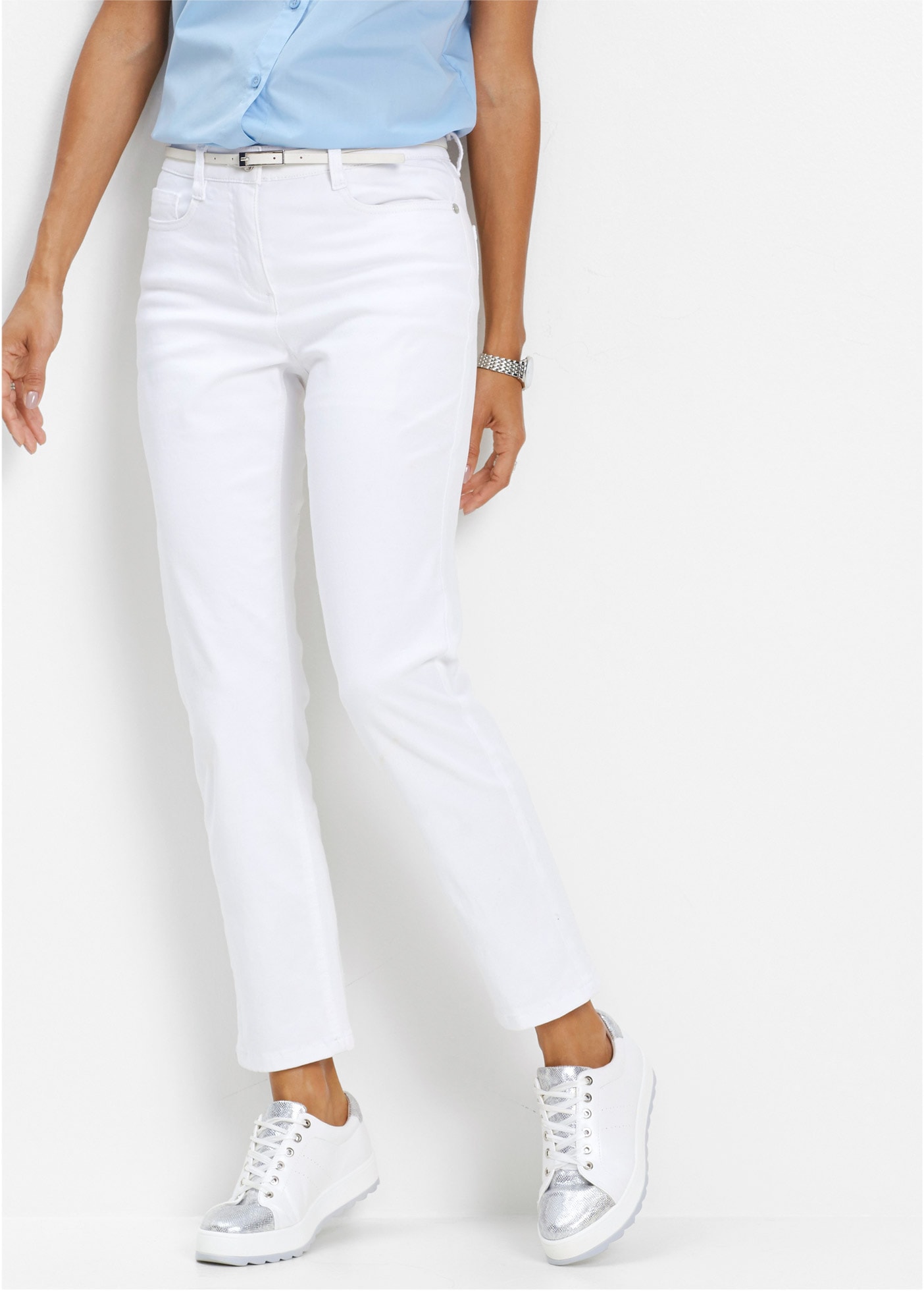 Stretch-Hose BONPRIX, Damen, Gr. 44, N-Gr, weiß, Web, Obermaterial: 97% Baumwolle, 3% Elasthan, festlich, slim fit, Hosen, 7/8-Länge, schmale Passform, aus überwiegend Baumwolle