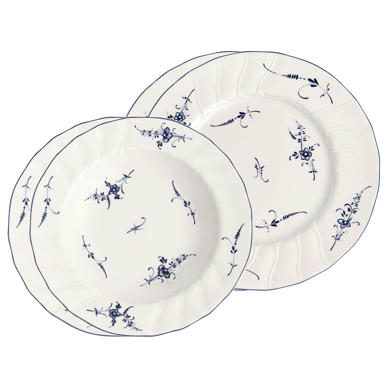 Villeroy & Boch Geschirr-Set "Dinner-Set Vieux Luxembourg 4er Set weiß-blau" Spülmaschinengeeignet, Mikrowellengeeignet