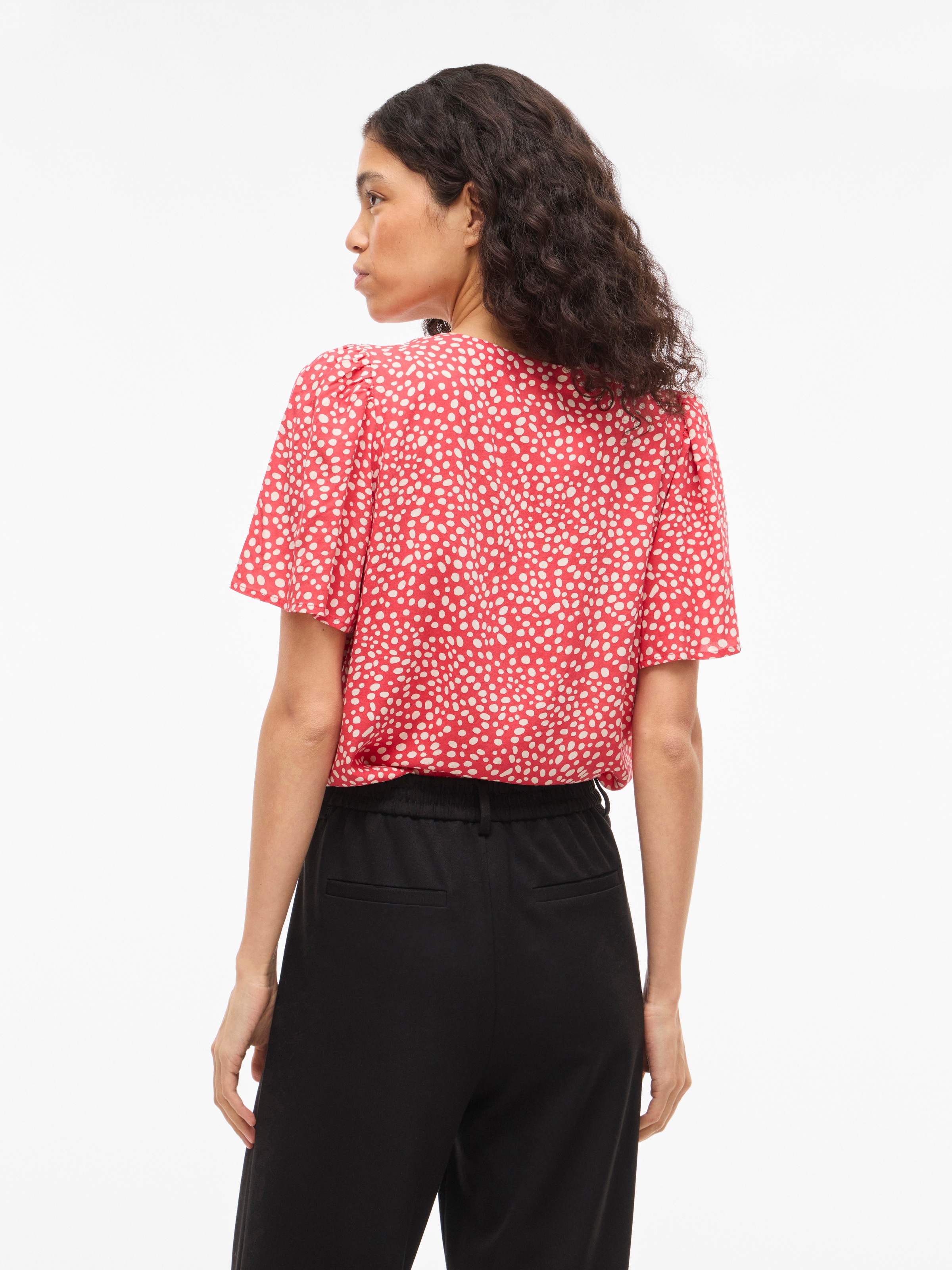 Hemdbluse VILA "VIGRACE V-NECK S/S SHIRT - NOOS", Damen, Gr. 38, hibiscus aop:dot sandshell, Obermaterial: 100% Viskose, bedruckt, regular fit normal, Blusen Hemdbluse 4