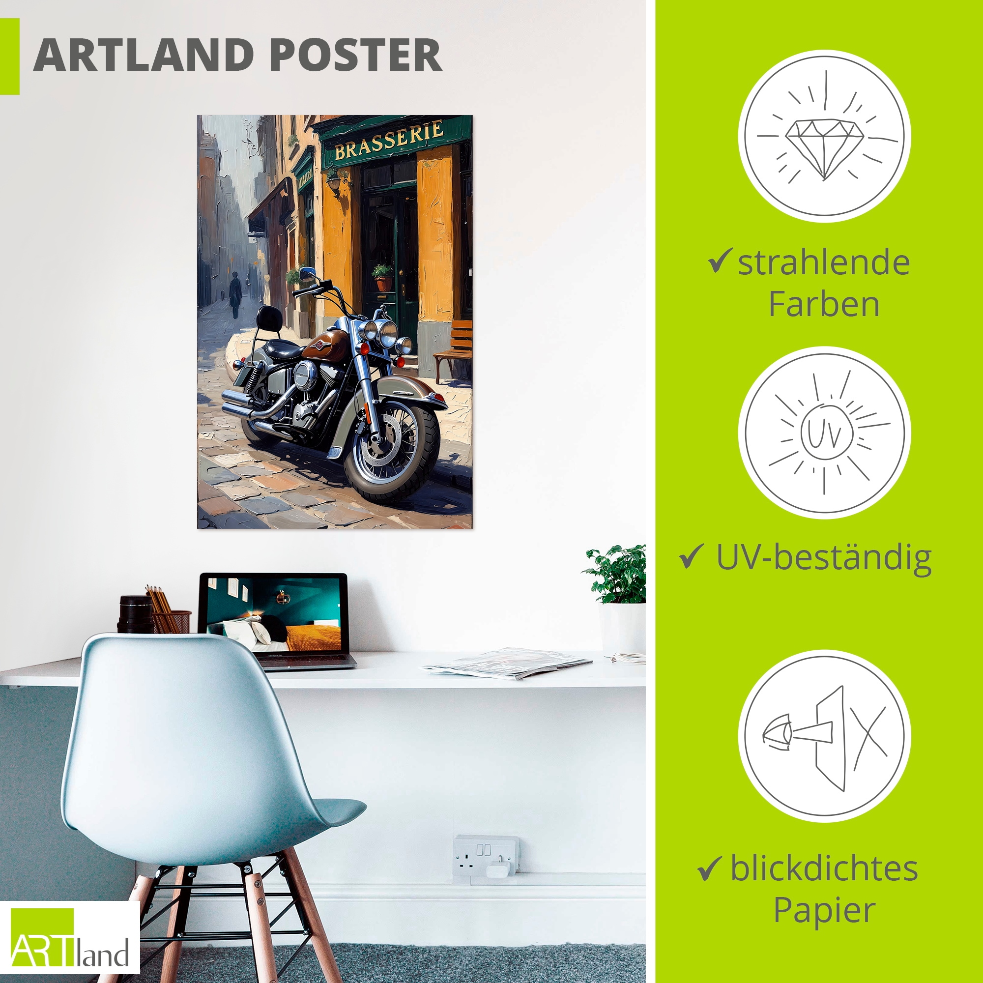 Artland Wandbild »Eine parkende Harley vor einem Brasserie« 1 Stk. tlg. als Alubild, Leinwandbild, Poster, Wandaufkleber in verschied. Größen