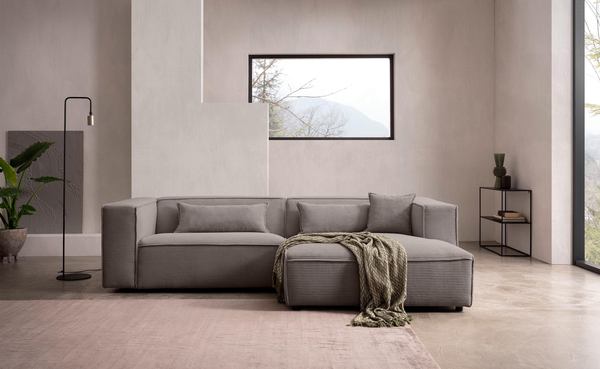 LeGer Home by Lena Gercke Ecksofa »PIARA mit Kedernaht in Cord oder Leinenoptik, moderne Couch in L-Form«, wahlweise Ottomane rechts/links, schwarze Füße, bequemer Sitzkomfort