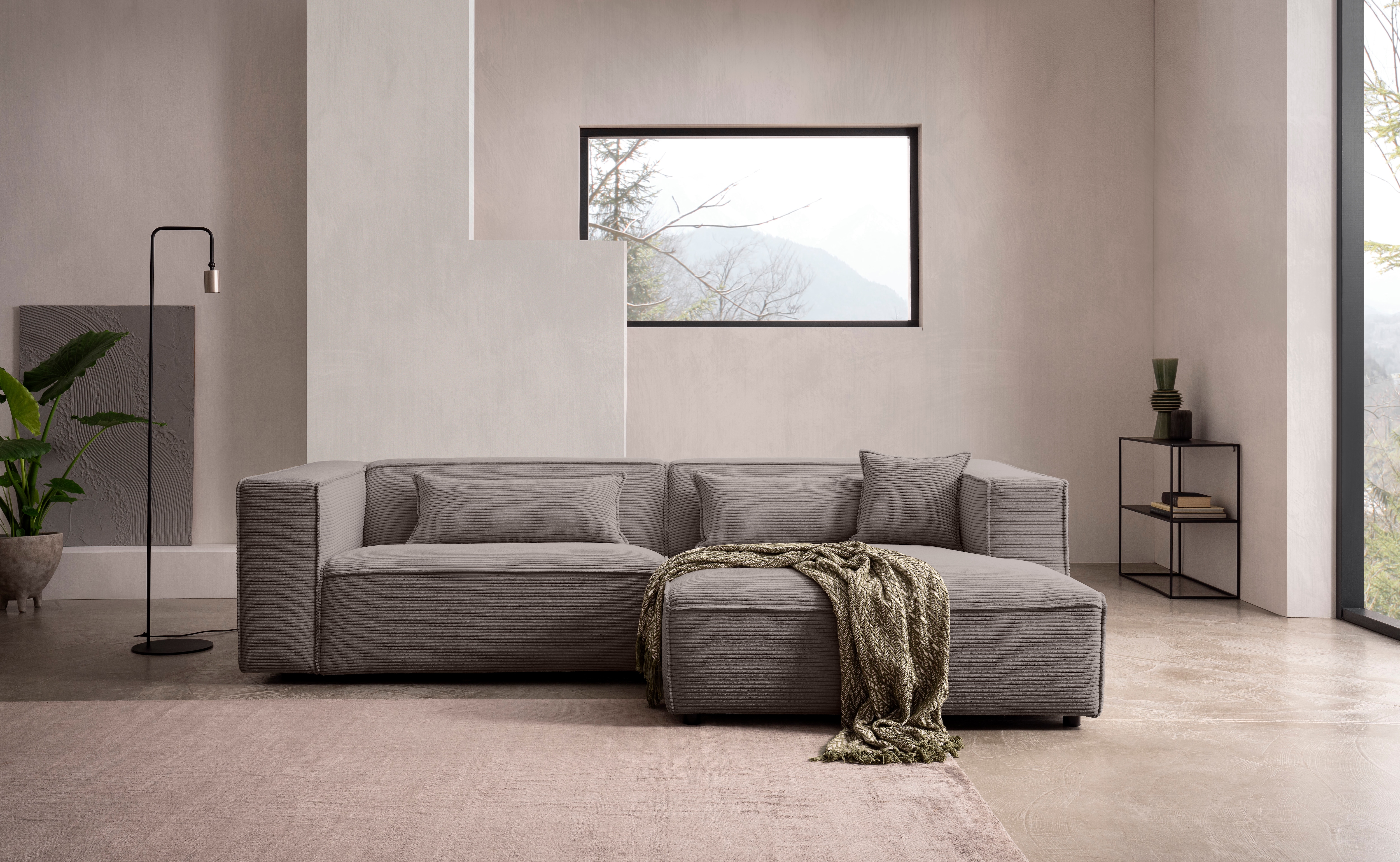 LeGer Home by Lena Gercke Ecksofa "PIARA Cord mit Kedernaht L-Form" wahlweise Ottomane rechts/links, schwarze Füße, bequemer Sitzkomfort