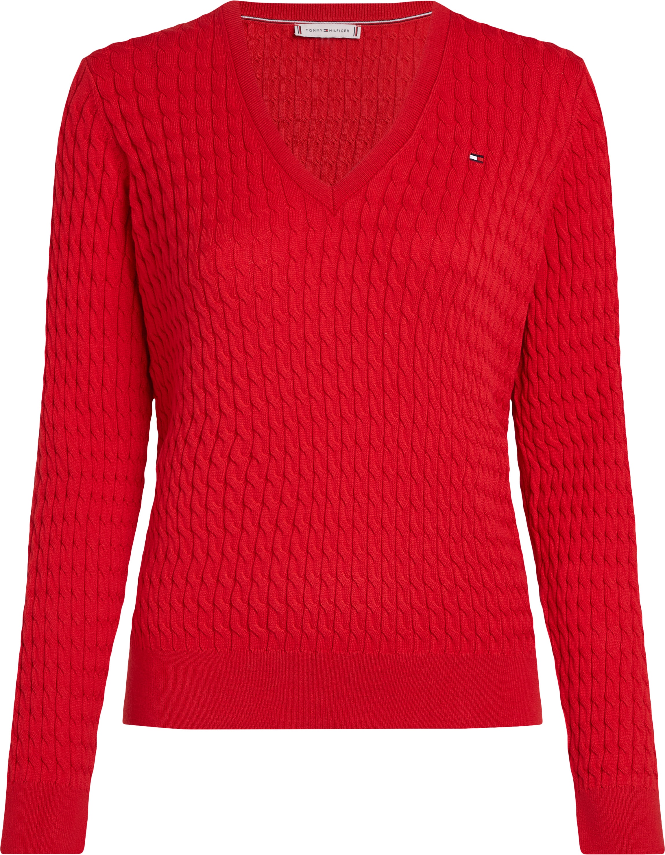 Tommy Hilfiger V-Ausschnitt-Pullover »CO CABLE V-NK LS SWT«, mit Zopfmuster, Logostickerei