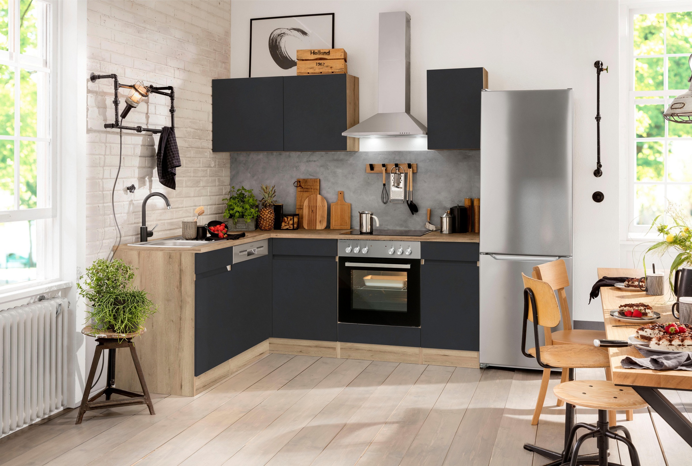 OPTIFIT Küchenzeile "Roth" Stellmaße 210x175 cm,wahlweise mit E-Geräten, Push-to-Open-Funktion