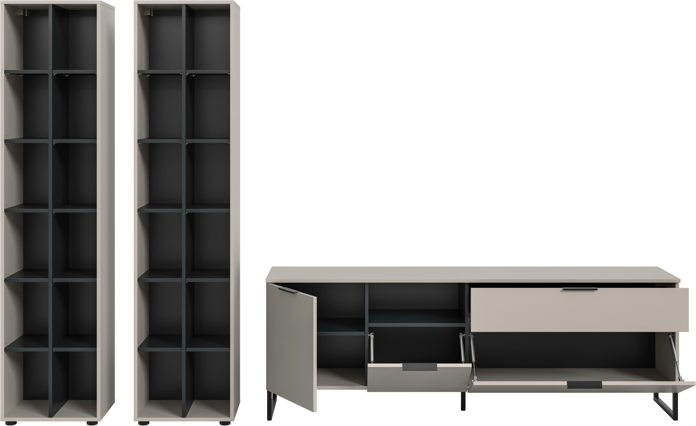 INOSIGN Wohnwand »Adio, Wohnkombination, 305 cm Breit«, (Set, 3 St.), Adio, Wohnkombination 3tlg. Kashmir NB, 2 Stauraumregale. TV Lowboard