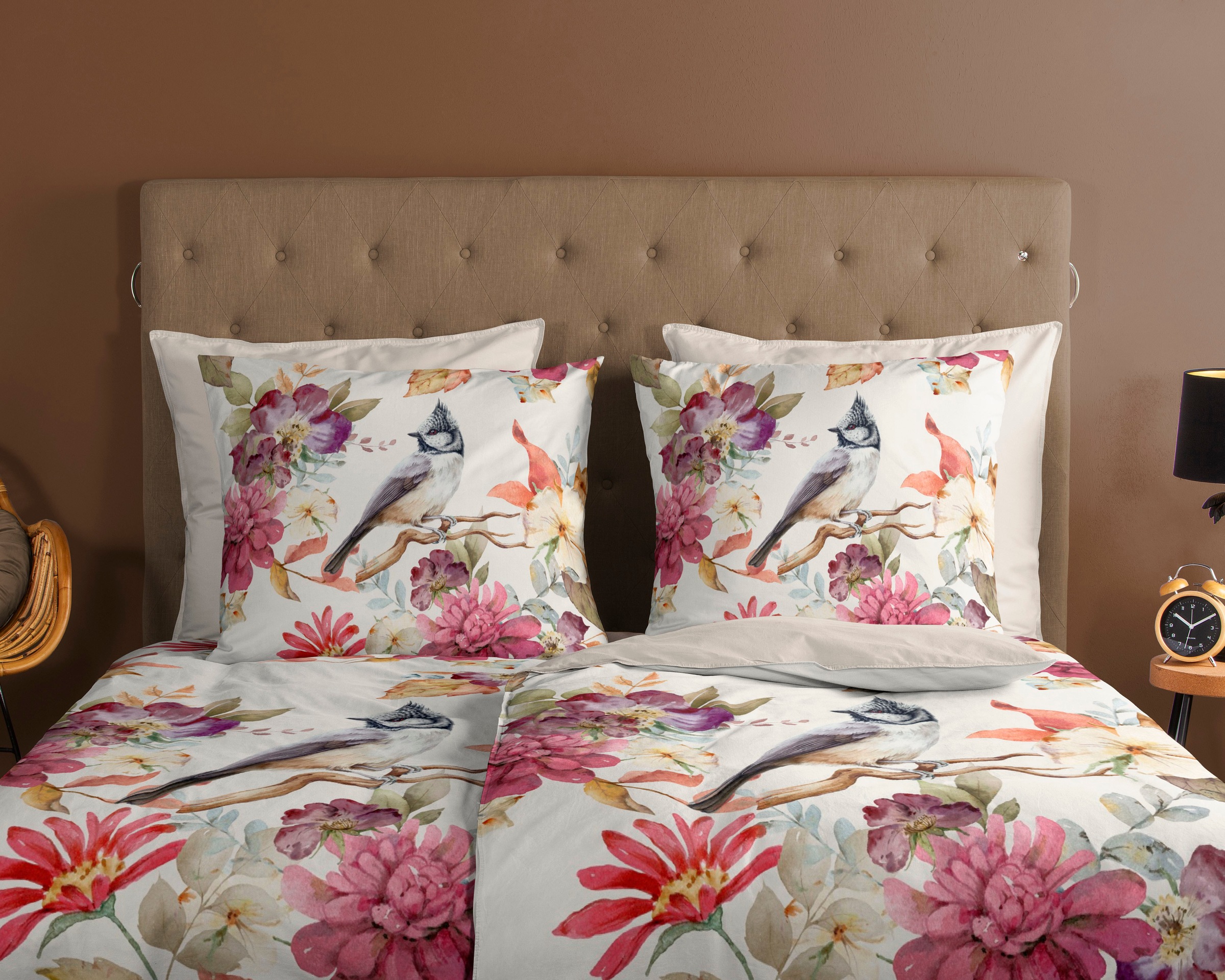 Thumbnail - good morning Wendebettwäsche "Inga" 2 Stk. 100% Baumwolle, 135x200, Reißverschluss, Wendeoptik, Vogel Blume, Sand