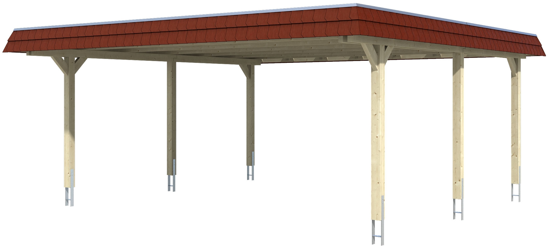 Skanholz Doppelcarport "Wendland", Leimholz-Fichte, 550 cm, Eiche hell, mit Aluminiumdach, rote Blende