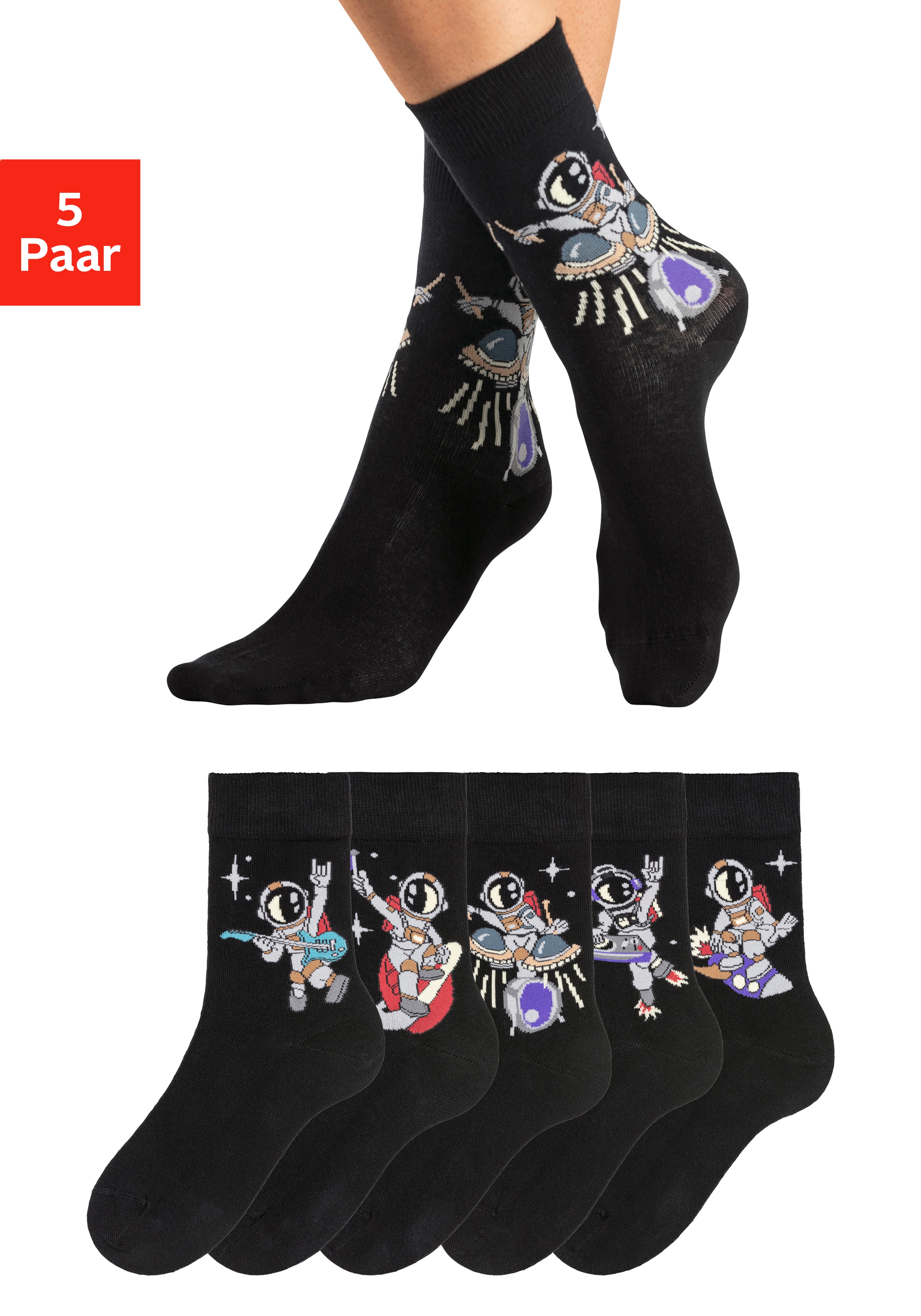 H.I.S Damen Socken, Gr. 35, schwarz, Baumwollmischung, gemustert, Socken, mit Astronaut-Motiven