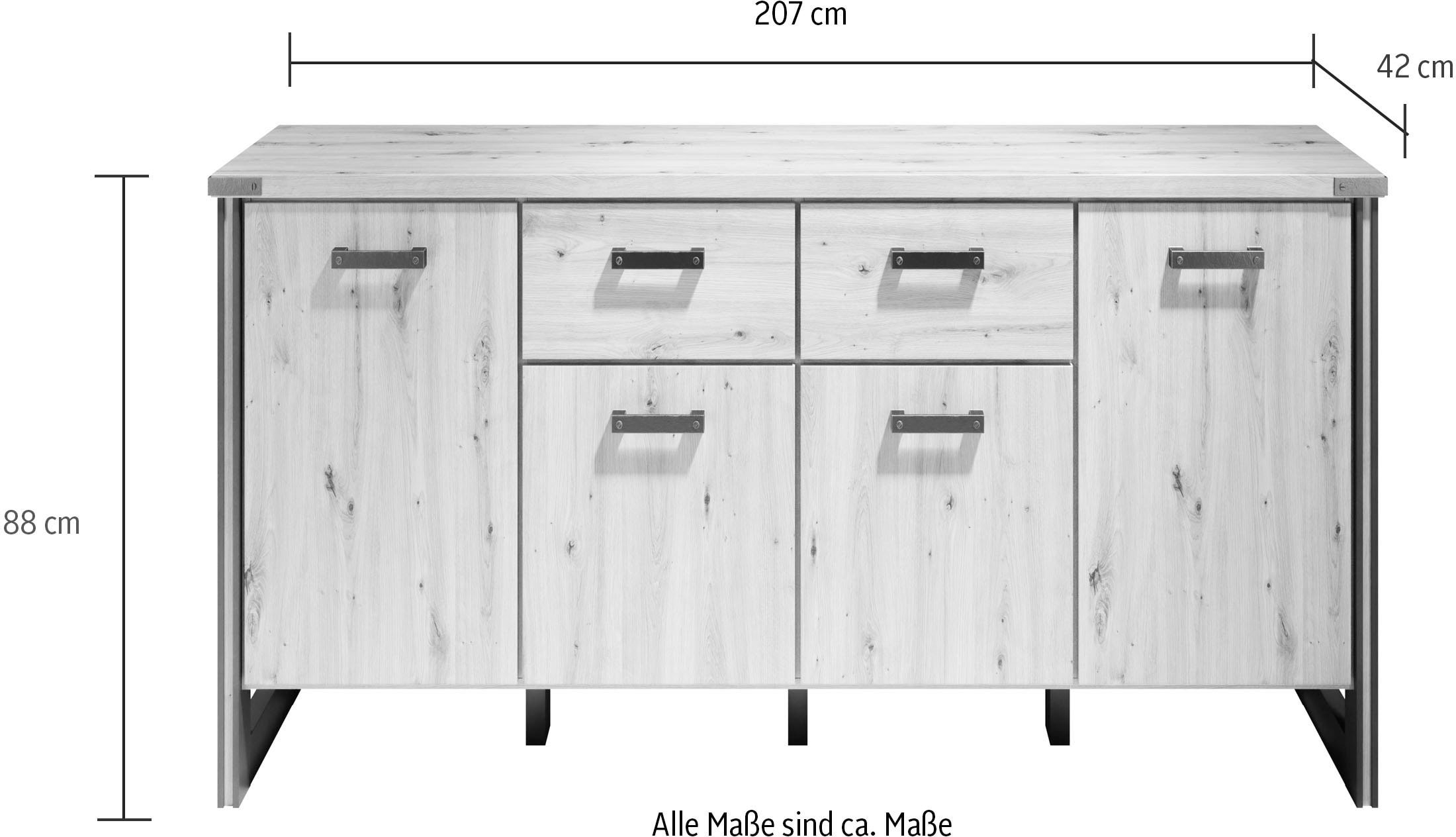 Home affaire Sideboard »Mia«, (1 St.), Echtholzoptik, Eiche, 207 cm breiter Schrank