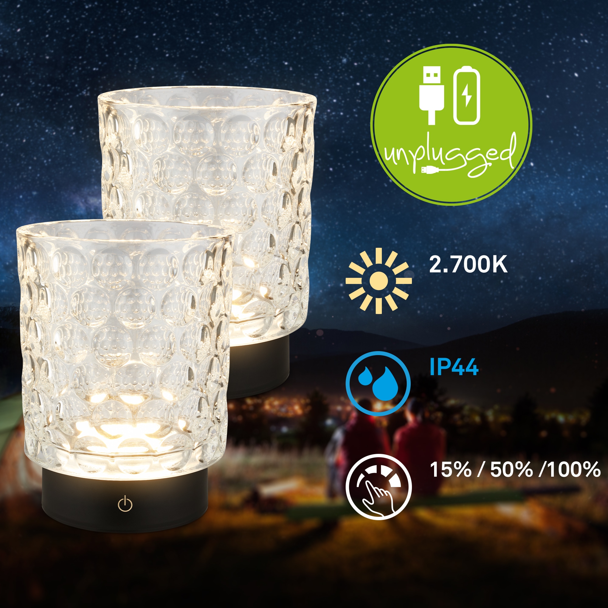 Briloner Leuchten LED Außen-Tischleuchte »SUNORA« LED-Board 2 Stk. Warmweiß kabellos 15 x 11 cm Klar 2W Wohnzimmer Flur Outdoor Aussen 2er-Set
