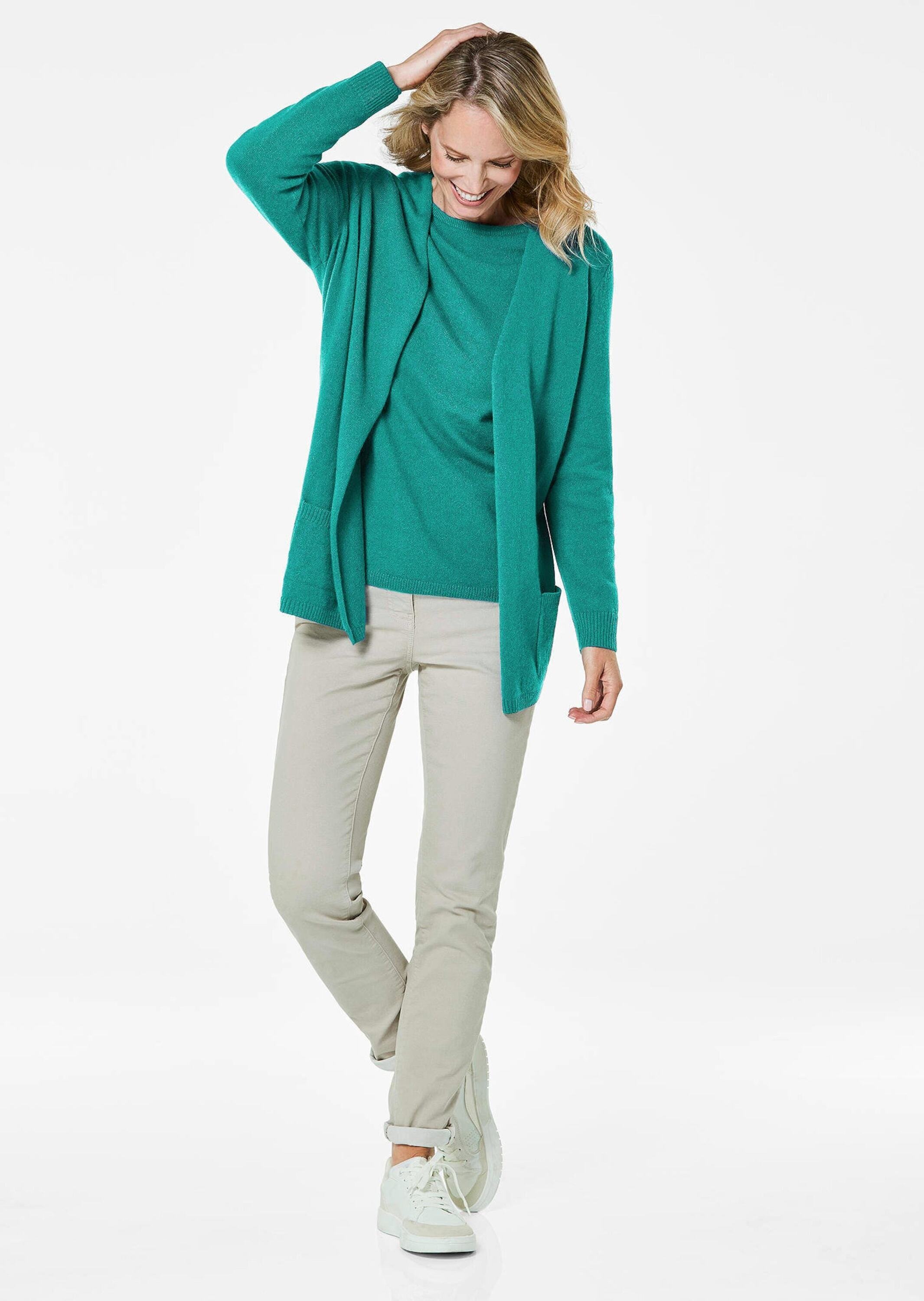 Strickjacke GOLDNER "Kurzgröße Langarm Feinstrick-Cardigan", Damen, Gr. 25, grün (smaragd), Obermaterial: 100% Kaschmir WS., figurumspielend, Rippe, Strickjacken Strickjacke, Ohne 3