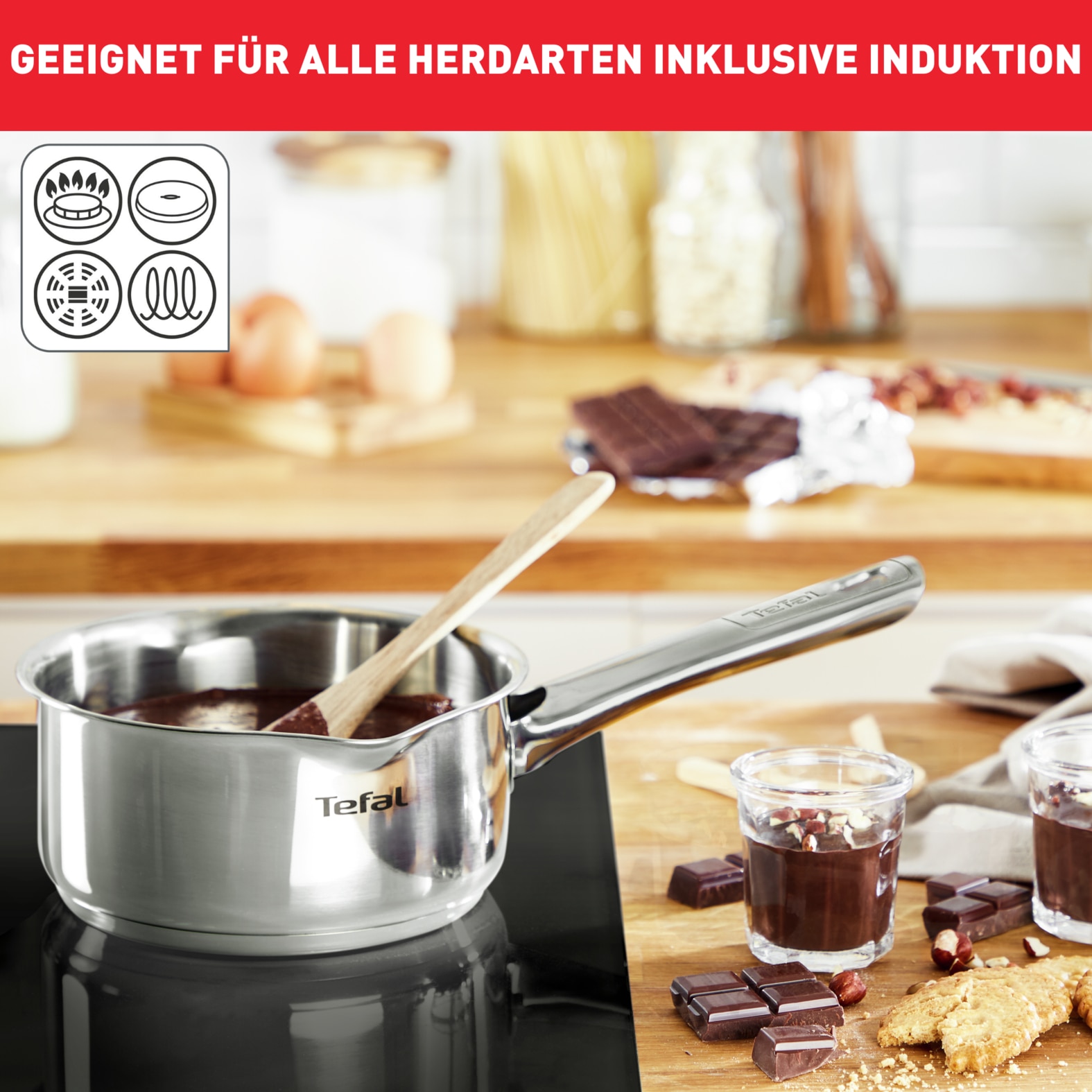 Tefal Topf-Set »Duetto Induktion, robust und hochwertig, Induktions Töpfe Set« Set, 1x Stielkasserolle 16 cm, je 1 Kochtopf mit Deckel 18/20/22/24 cm, 9 Stk. tlg. Edelstahl