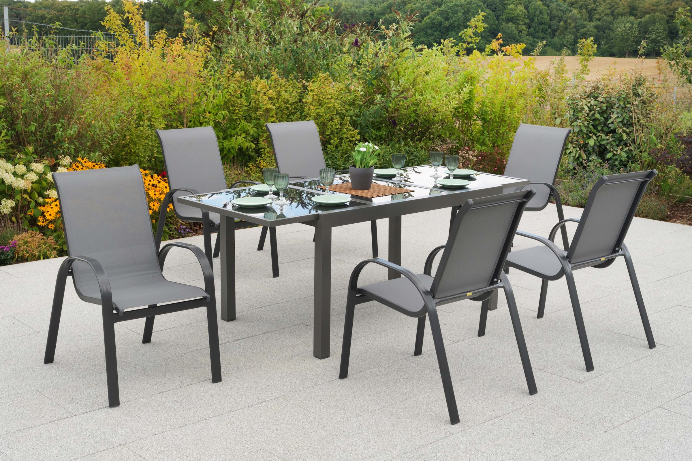 MERXX Garten-Essgruppe »Amalfi« Set, 7 tlg. inkl. 6 Stapelsessel, 1 Ausziehtisch