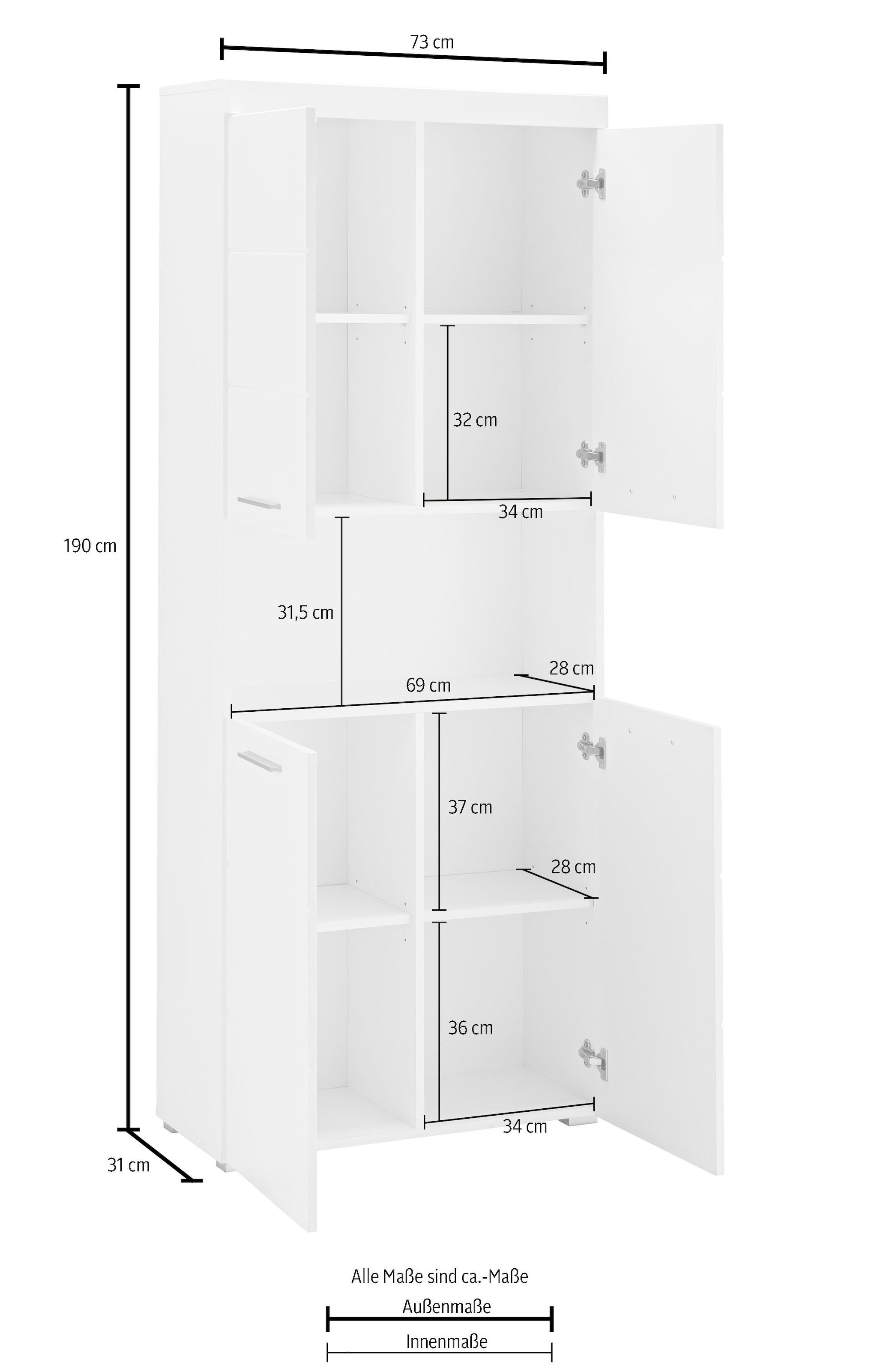 welltime Hochschrank »Avena« Badschrank 4-türig mit o. Fach und 4 Einlegeböden - B/T/H 73/31/190 cm