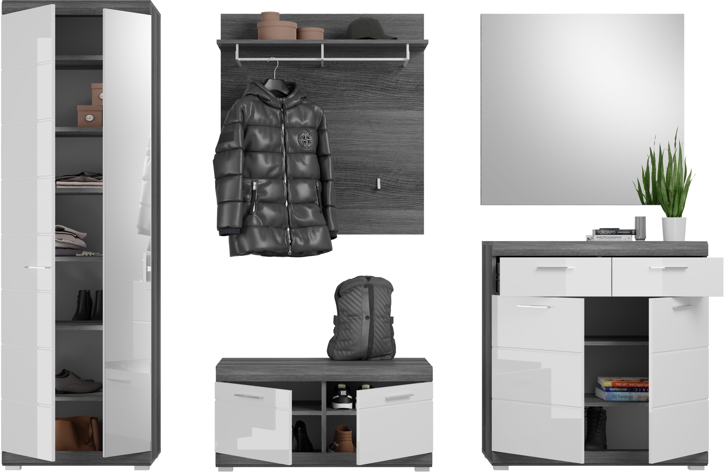 INOSIGN Garderoben-Set »Siena, Fronten mit hochwertiger Rillenfräsung, 5-teilig,bestehend aus:«, (Komplett-Set, 5 St.), Scout Garderobenkombinatio 5-tlg., Breite 272 cm, Flur, Diele