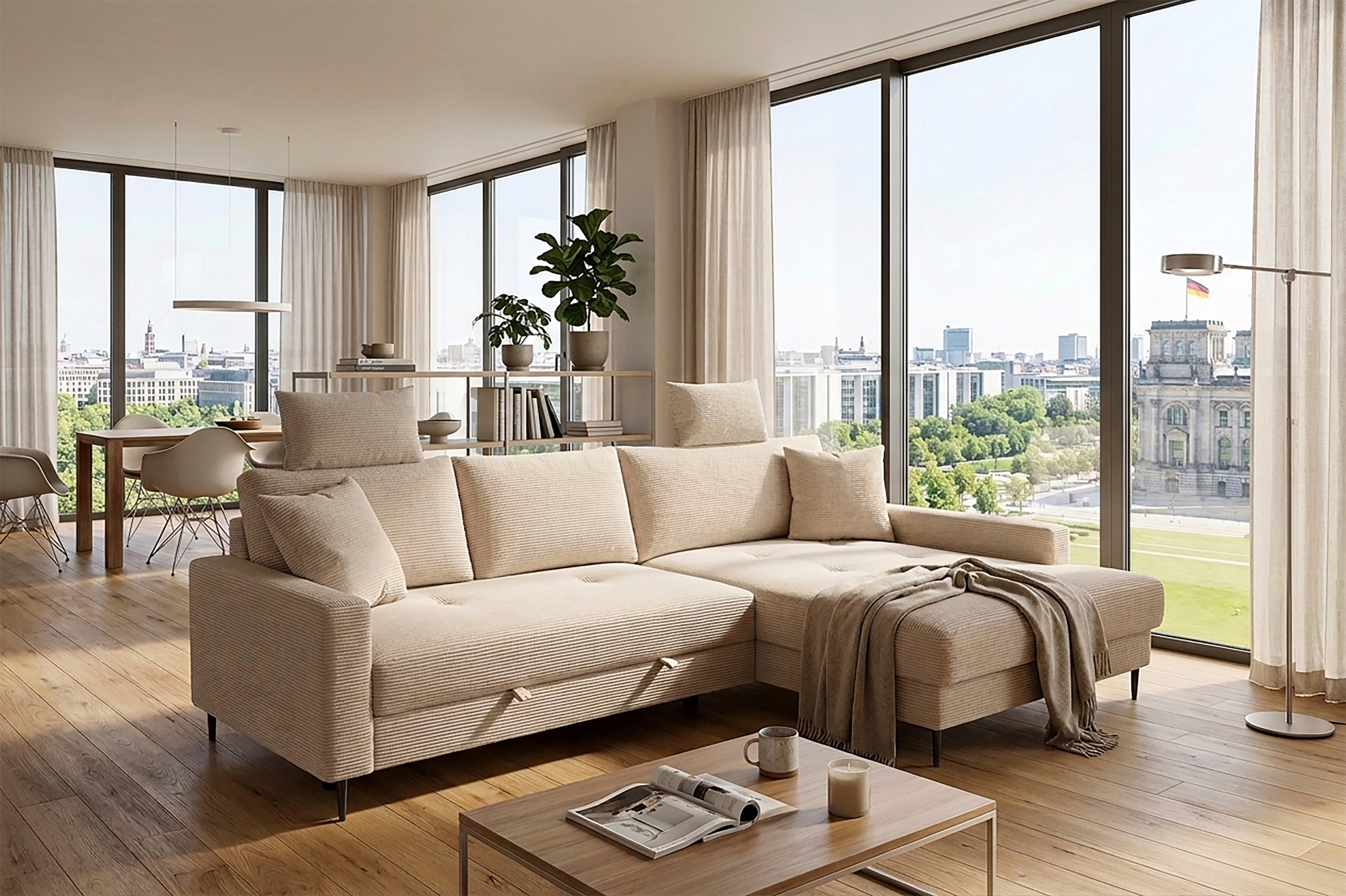 Trends by HG Ecksofa "Summer L-Form, B: 284 cm, Schlaffunktion, 2 Zierkissen" mit Kopfstützen, Wellenfederung, frei stellbar