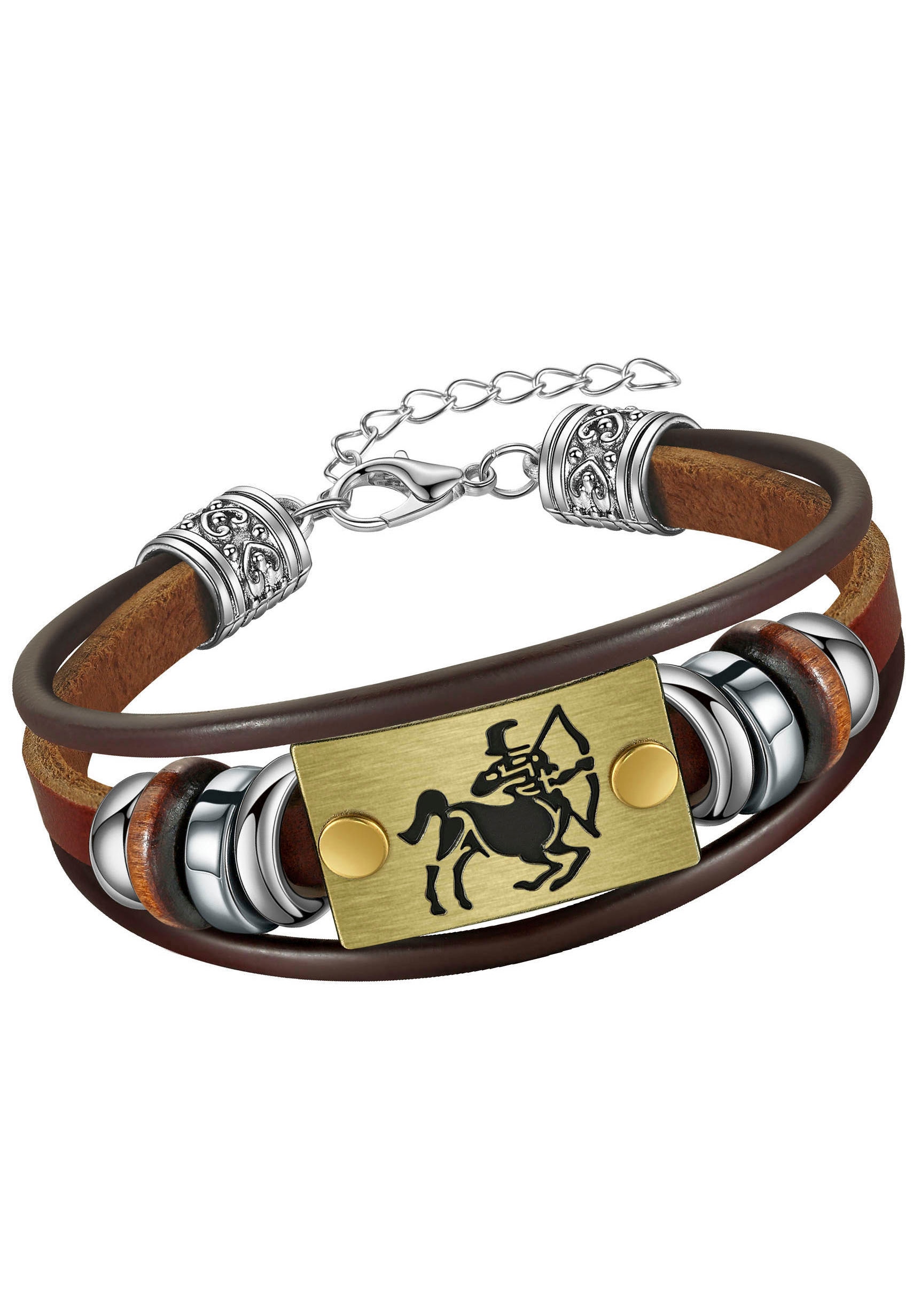 Armband FIRETTI "Schmuck Geschenk Armschmuck Armkette Edelstein Sternzeichen", bunt (edelstahlfarben, messingfarben, dunkelbraun, braun, grau, braun, grau), Armbänder, Damen, 20cm, Schütze, Edelstahl Leder Messing, Edelstahl, Leder, Messing, Armband, Made
