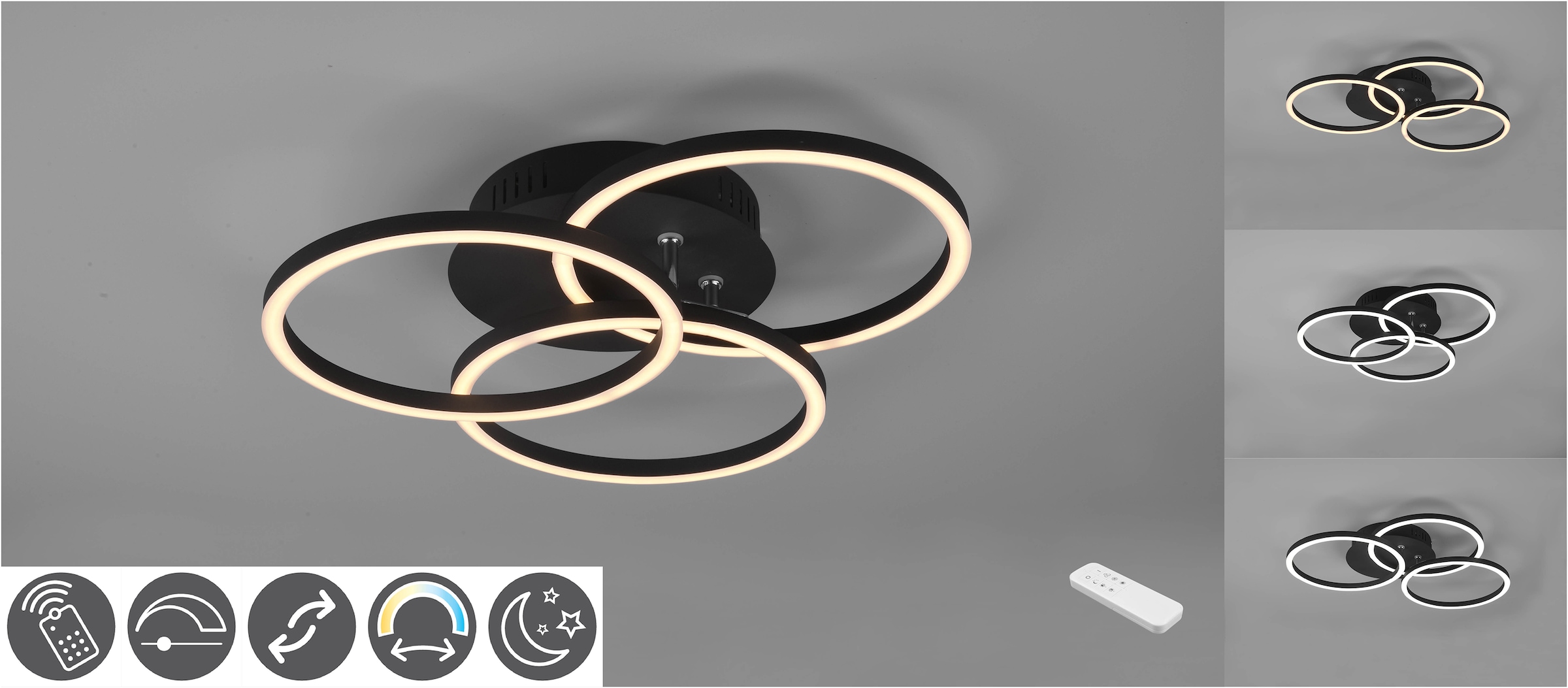 TRIO Leuchten LED Deckenleuchte »Circle«, 1 flammig, Leuchtmittel LED-Board | LED fest integriert, Deckenlampe schwarz matt mit schwenkbaren Ringen / inkl. Fernbedienung