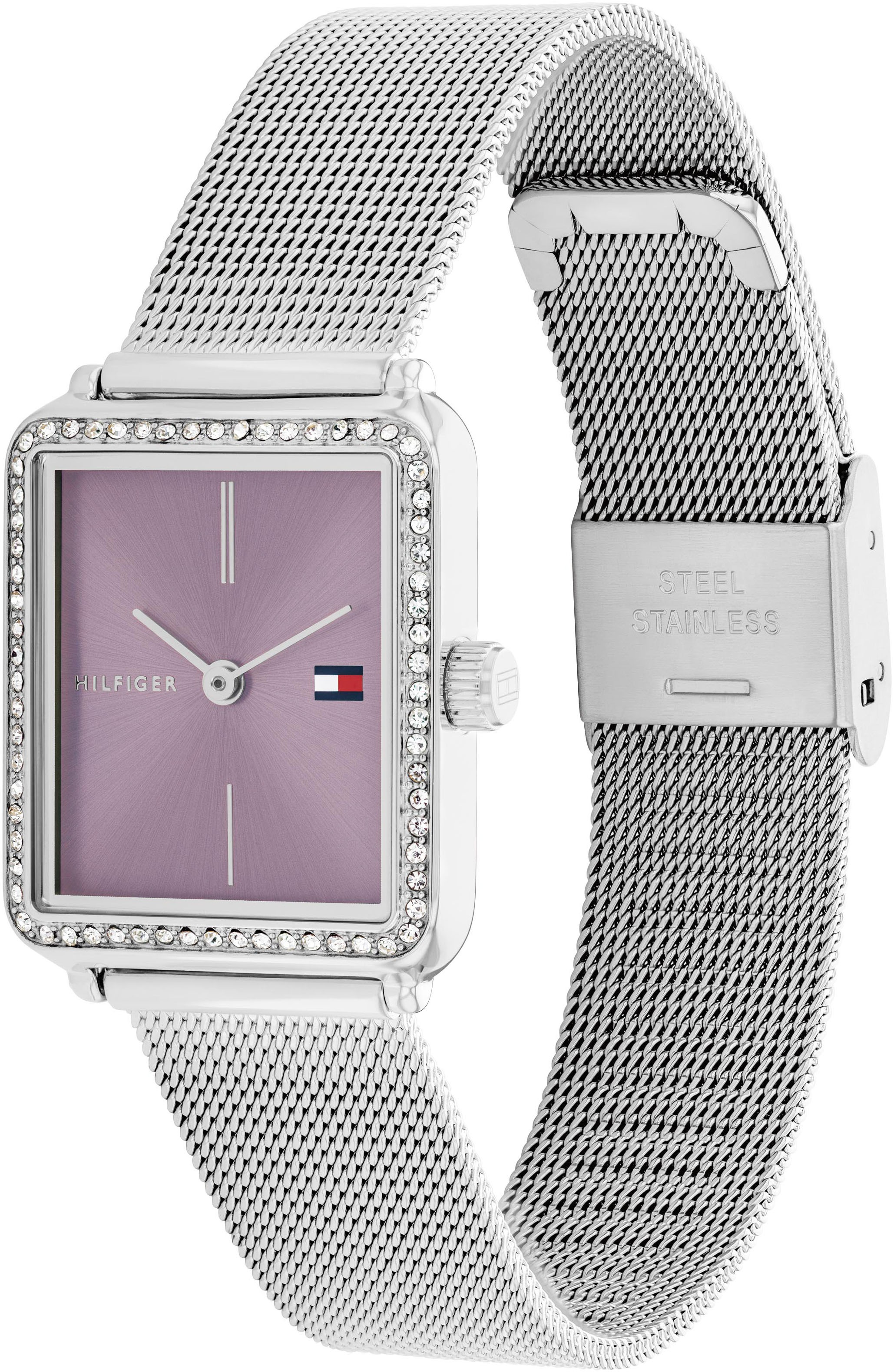 Tommy Hilfiger Quarzuhr »TEA TANK«, Armbanduhr, Damenuhr, Edelstahlarmband, analog, Glassteine