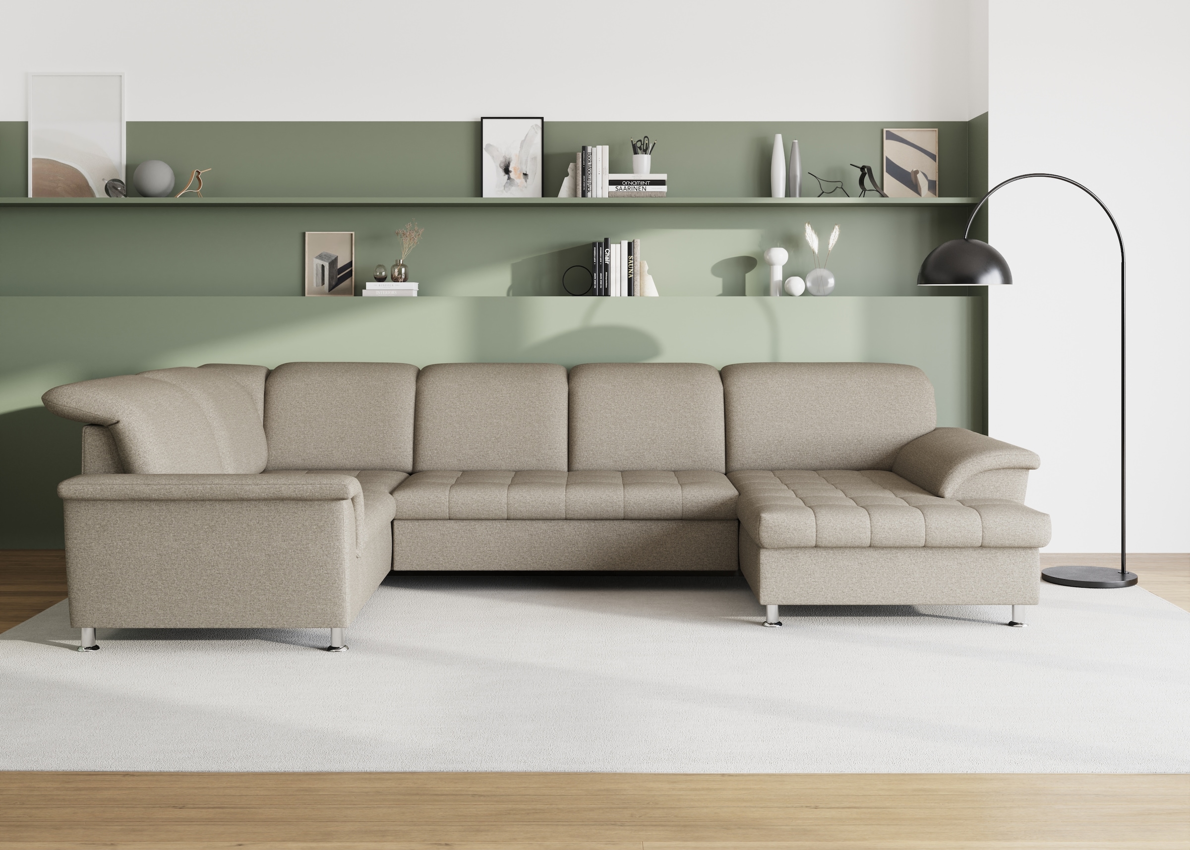 DOMO collection Wohnlandschaft "FRANZI 344x206x81 cm, elegant, komfortabel" U-Form, Recamiere rechts, schlamm, B/T: 344/206 cm