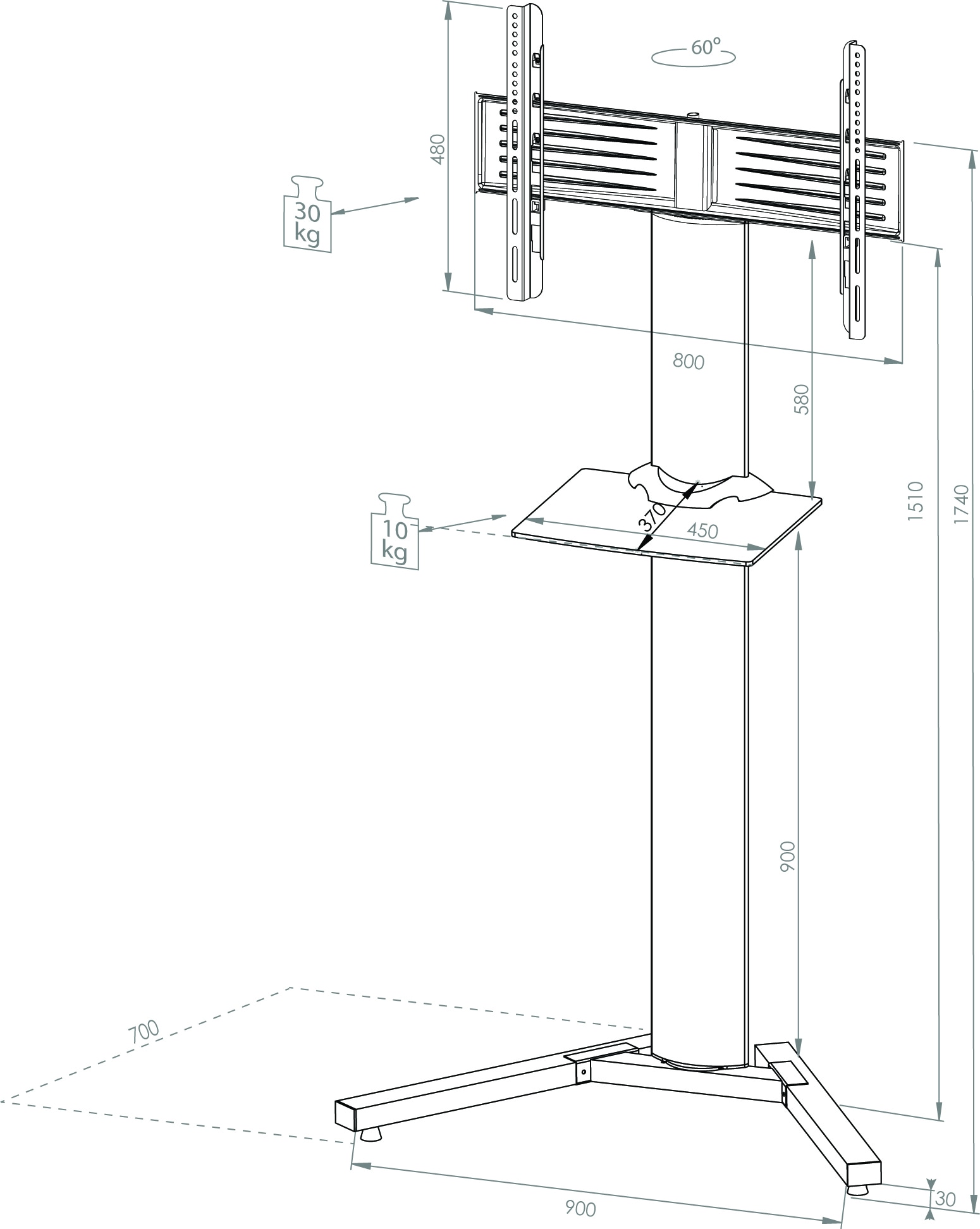 VCM TV-Rack »VCM TV Standfuß mit Zwischenboden | Alu Fernseh Ständer | Maße ca. H, 174 x B. 90 x T. 72 cm- Stadino Maxi«, (VCM Stadino)