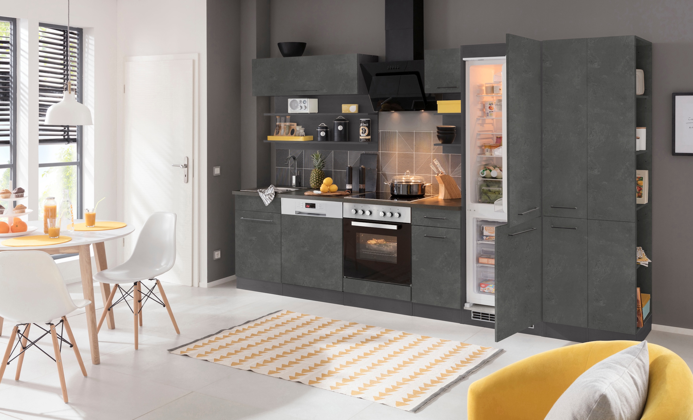 KOCHSTATION Küchenzeile »KS-Tulsa«, ohne E-Geräte, Breite 300 cm, schwarze Metallgriffe, MDF Fronten