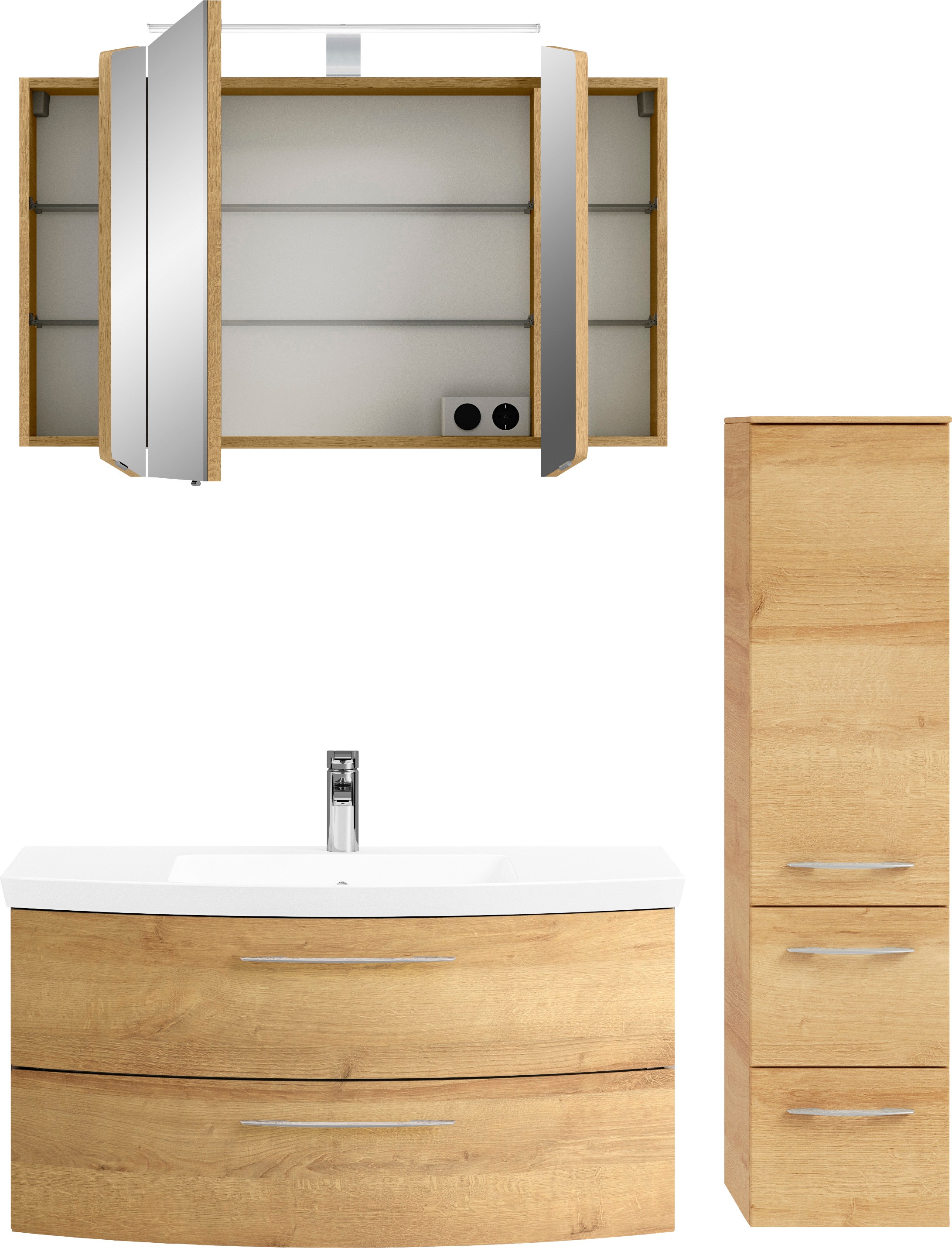 Saphir Badmöbel-Set »Cassca Sprint 3-teilig Mineralmarmor-Waschtisch mit LED-Spiegelschrank«, (4 St.), Midischrank, inkl. Türdämpfer, 4 Türen, 4 Schubladen