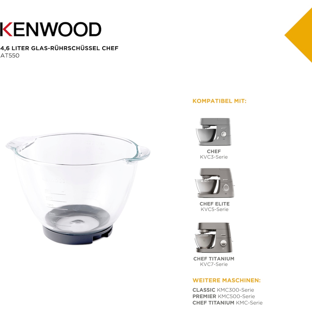 KENWOOD Küchenmaschinenschüssel »Chef Glas-Rührschüssel AT550«, aus Glas