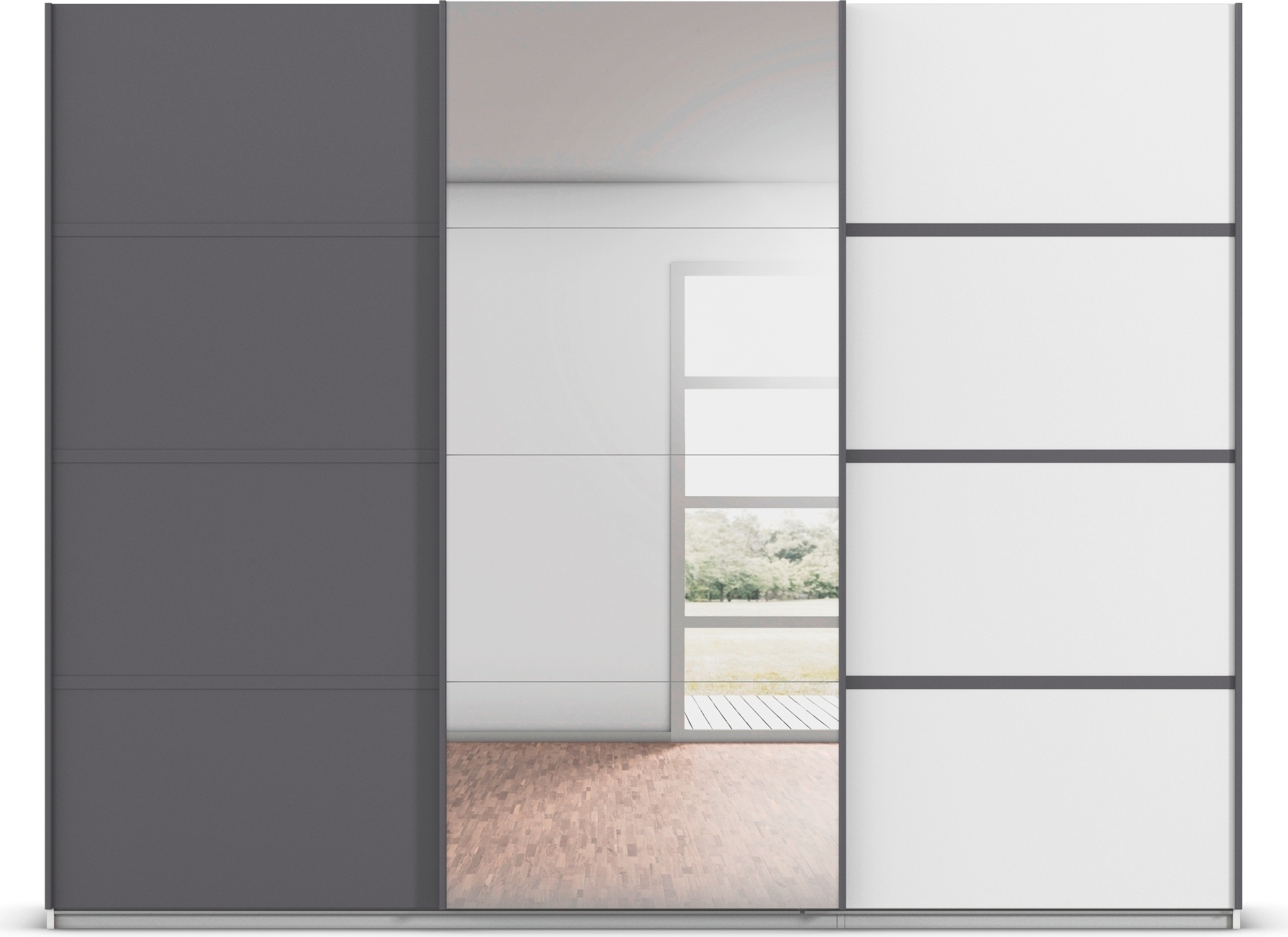 rauch Kleiderschrank »Schwebetürenschrank Garderobe Schrank TOP ANGEBOT Avola«, (in 3 verschiedenen Ausstattungen BASIC/CLASSIC/PREMIUM inkl. Spiegel), mit eleganten Zierleisten in Chrom, Schwarz oder Weiß MADE IN GERMANY