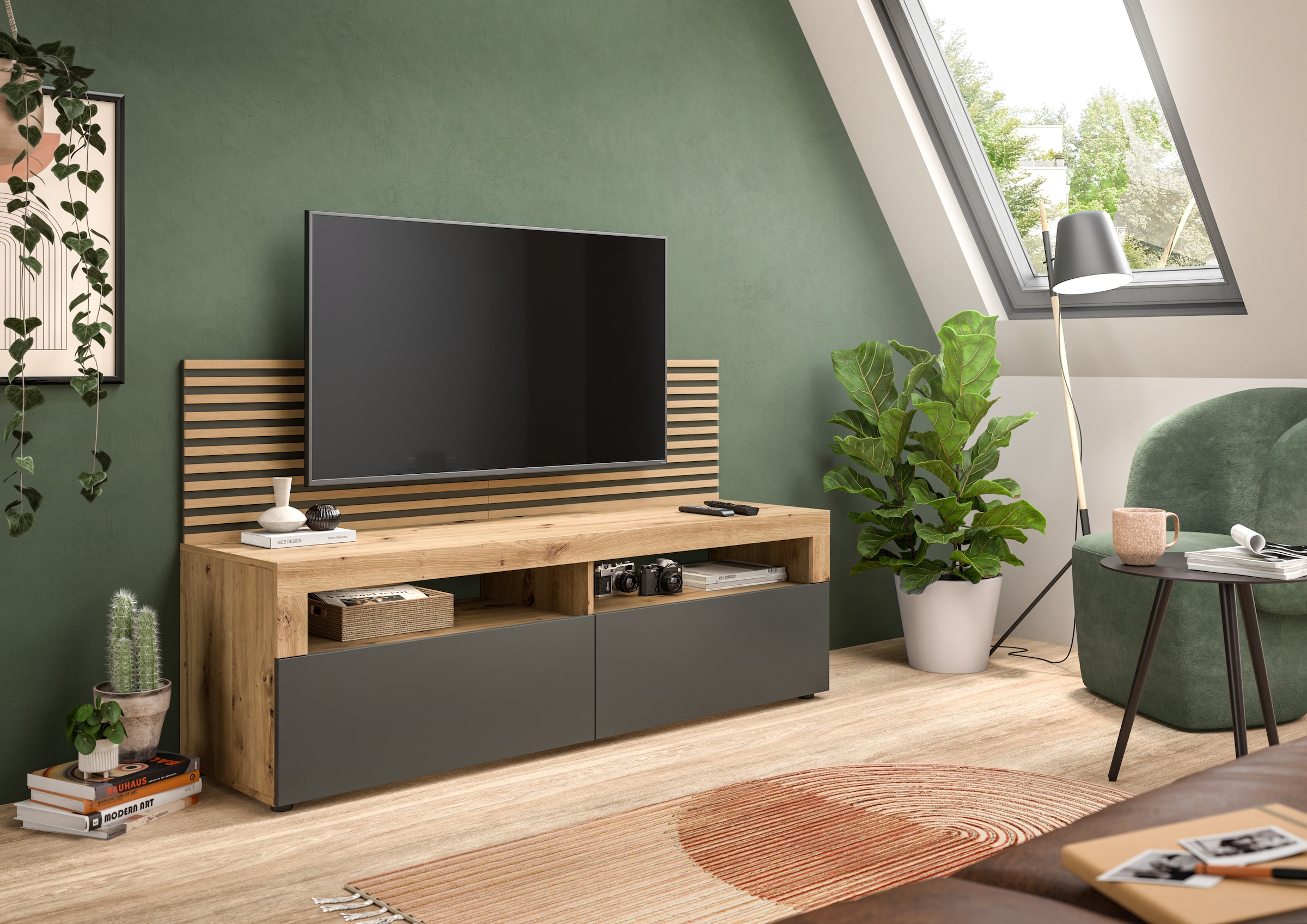 INOSIGN Lowboard »Telli, Breite 160 cm, mit 2 Paneelen, 2 Klappen & 2 offenen Fächern«, TV-Board, TV-Möbel, Media-Möbel, Fernsehschrank