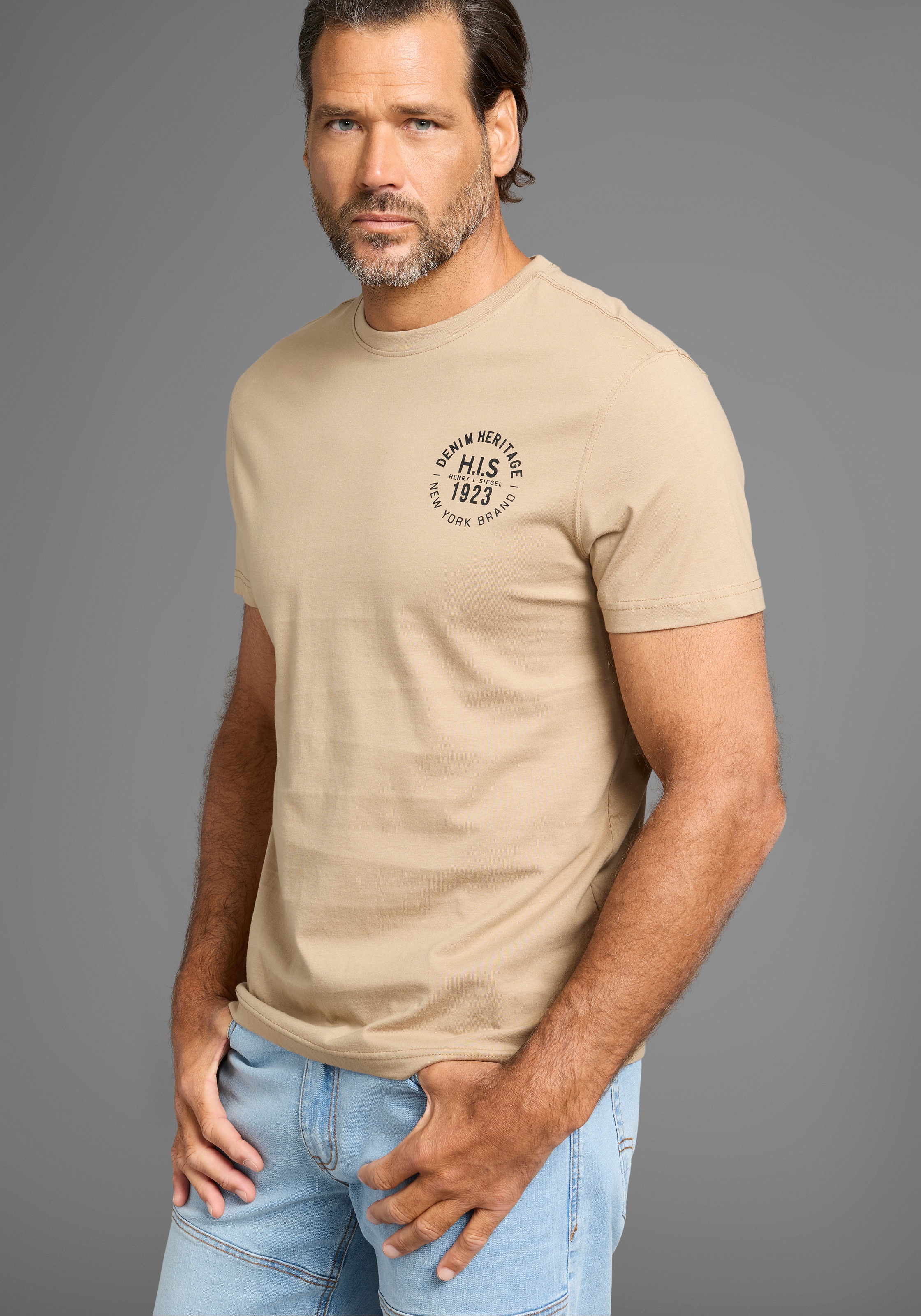 T-Shirt H.I.S, Herren, Gr. L (52/54), grün (khaki, anthra, beige), Single Jersey, Obermaterial: 100% Baumwolle, bedruckt, schmal, Rundhals, gerader Abschluss, Shirts T-Shirt, schmal geschnitten, bedrucktes Design, aus 100% Baumwolle 2