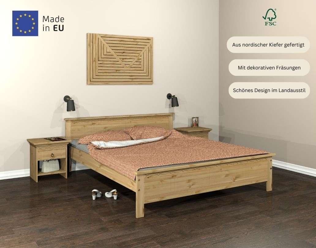 Home affaire Massivholzbett »Indra, TOPSELLER, Landhausstil, edles Design,zertifiziertes Massivholz«, (Breite/Belastbarkeit 180cm/220 KG, 140cm/180 KG, 90cm/120 KG), mit dekorativen Fräsungen, in 2 Breiten und Farben