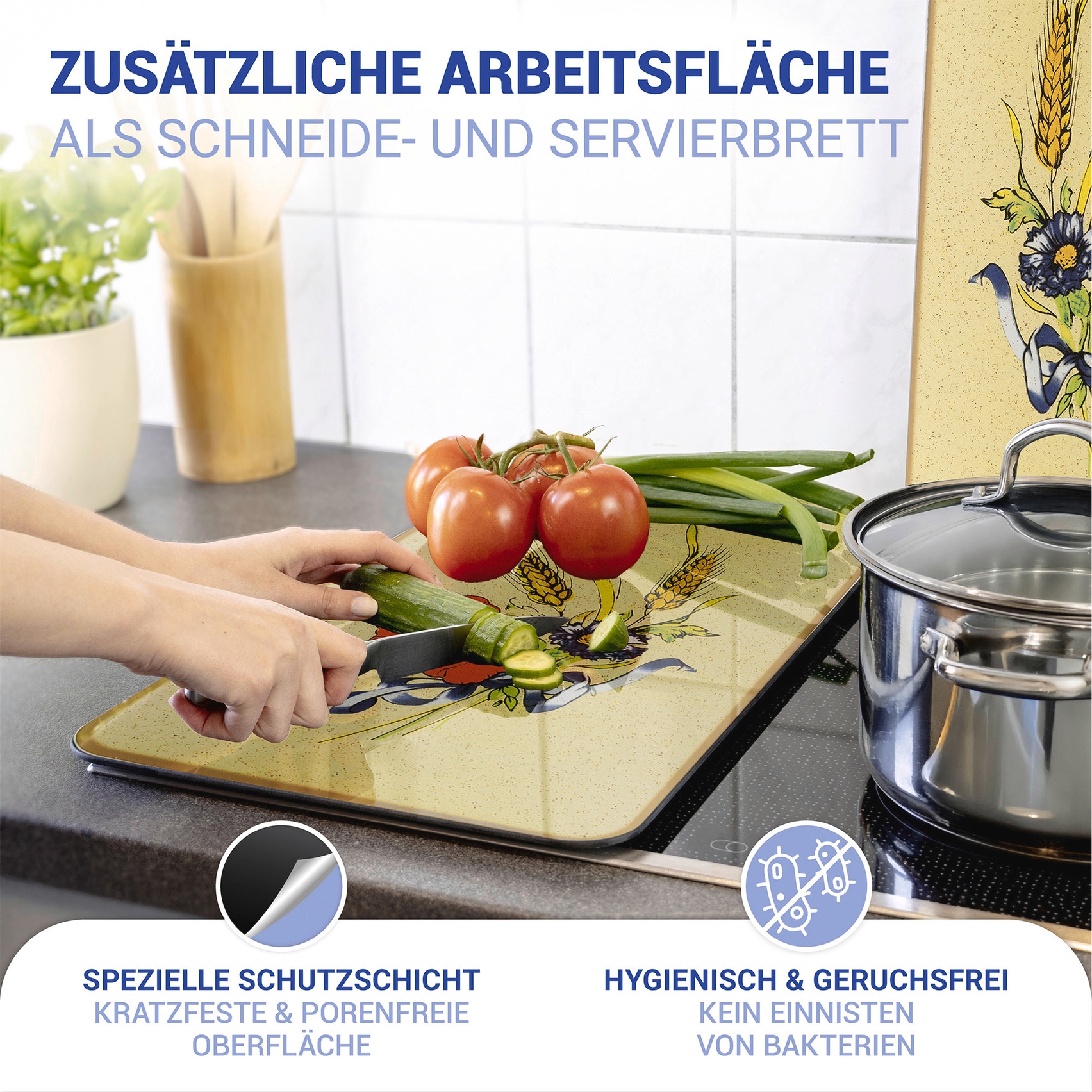 WENKO Herd-Abdeckplatte »Universal Modell Kornblumen«, (Set, 2 tlg.), Herdabdeckung für alle Herdarten, kratzfest, mit rutschfesten Füßen