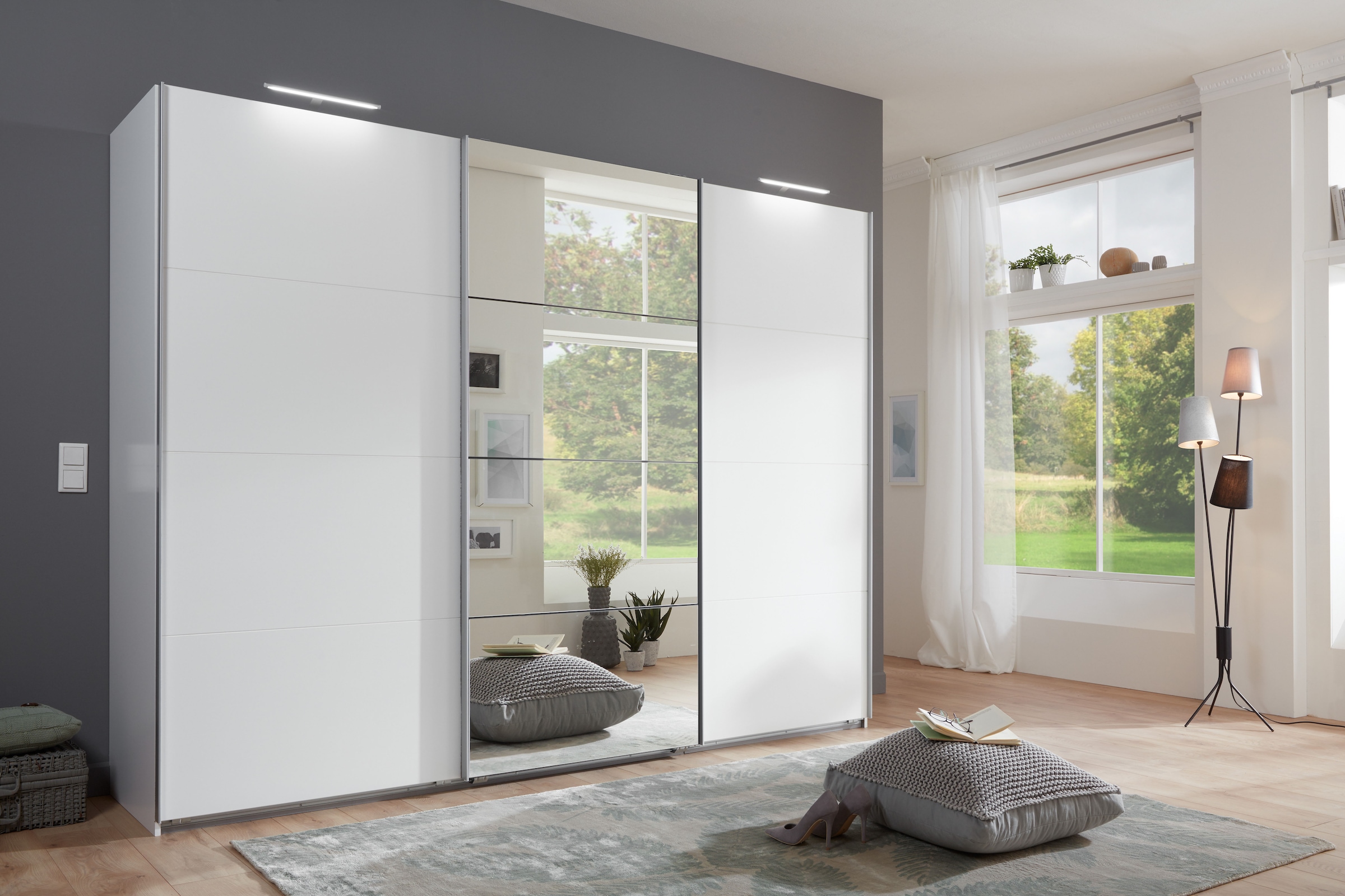 Wimex Schwebetürenschrank »Ernie Kleiderschrank mit Spiegel, Made in Germany TOPSELLER«, (Wähle aus verschiedenen Größen deinen perfekten Stauraum!), Schlafzimmerschrank weiß 270cm Breit Preisknaller Premium