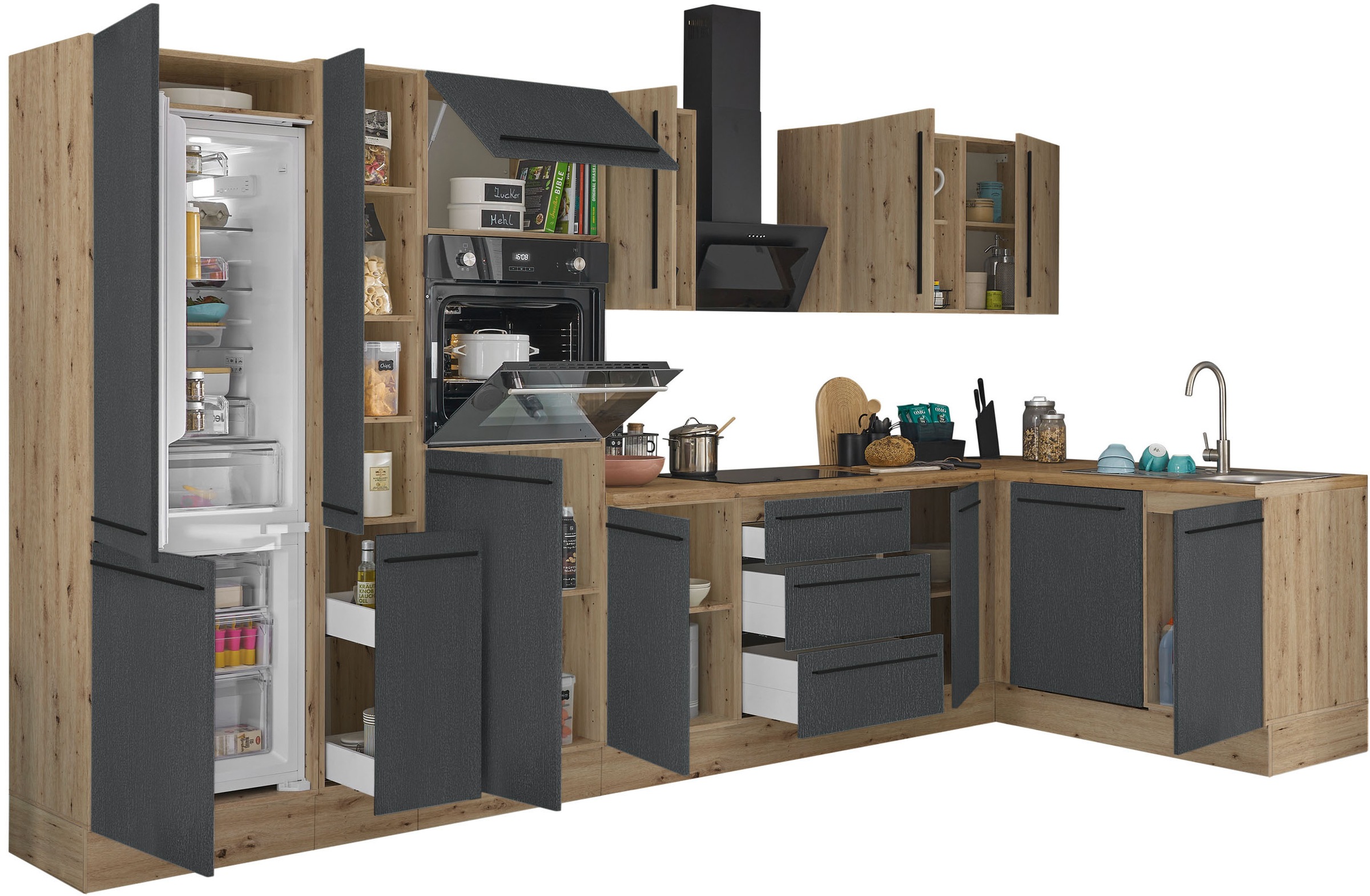 KOCHSTATION Winkelküche »Florida, Stellbreite 370x175 cm«, wahlweise mit E-Geräten, mit Softclose für Türen und Schubkästen