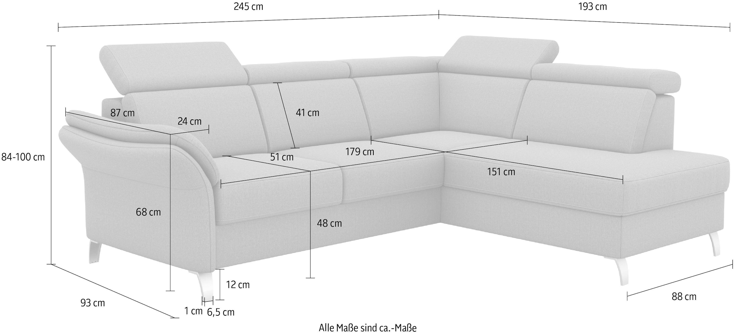 sit&more Ecksofa »Vincenzo L-Form«, inklusive Kopfteilverstellung, wahlweise mit Bettfunktion, Bettkasten