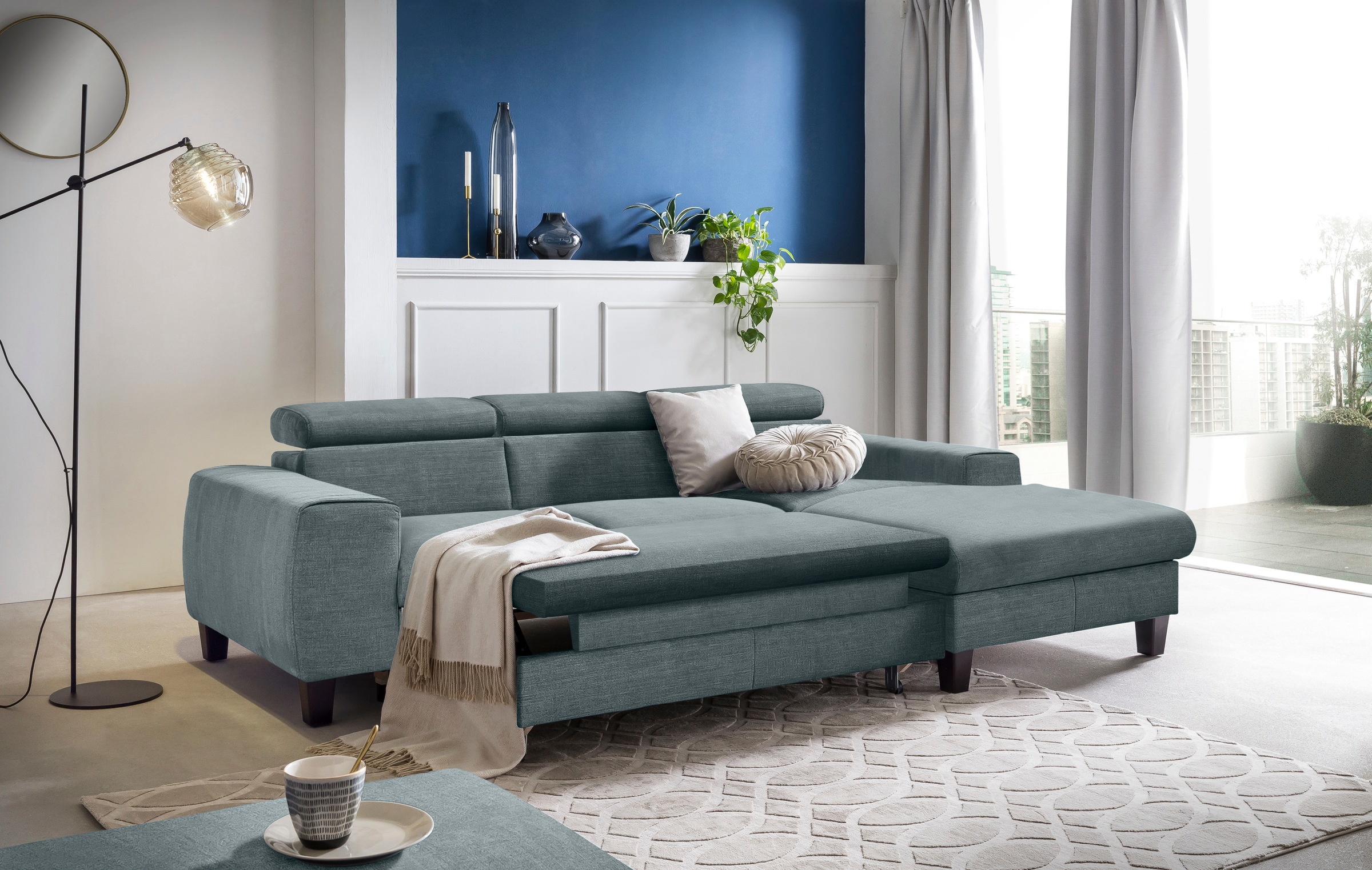COTTA Ecksofa »Morven L-Form mit Kopfteilverstellung«, wahlweise mit Bettfunktion, Bettkasten & Wireless-Charger