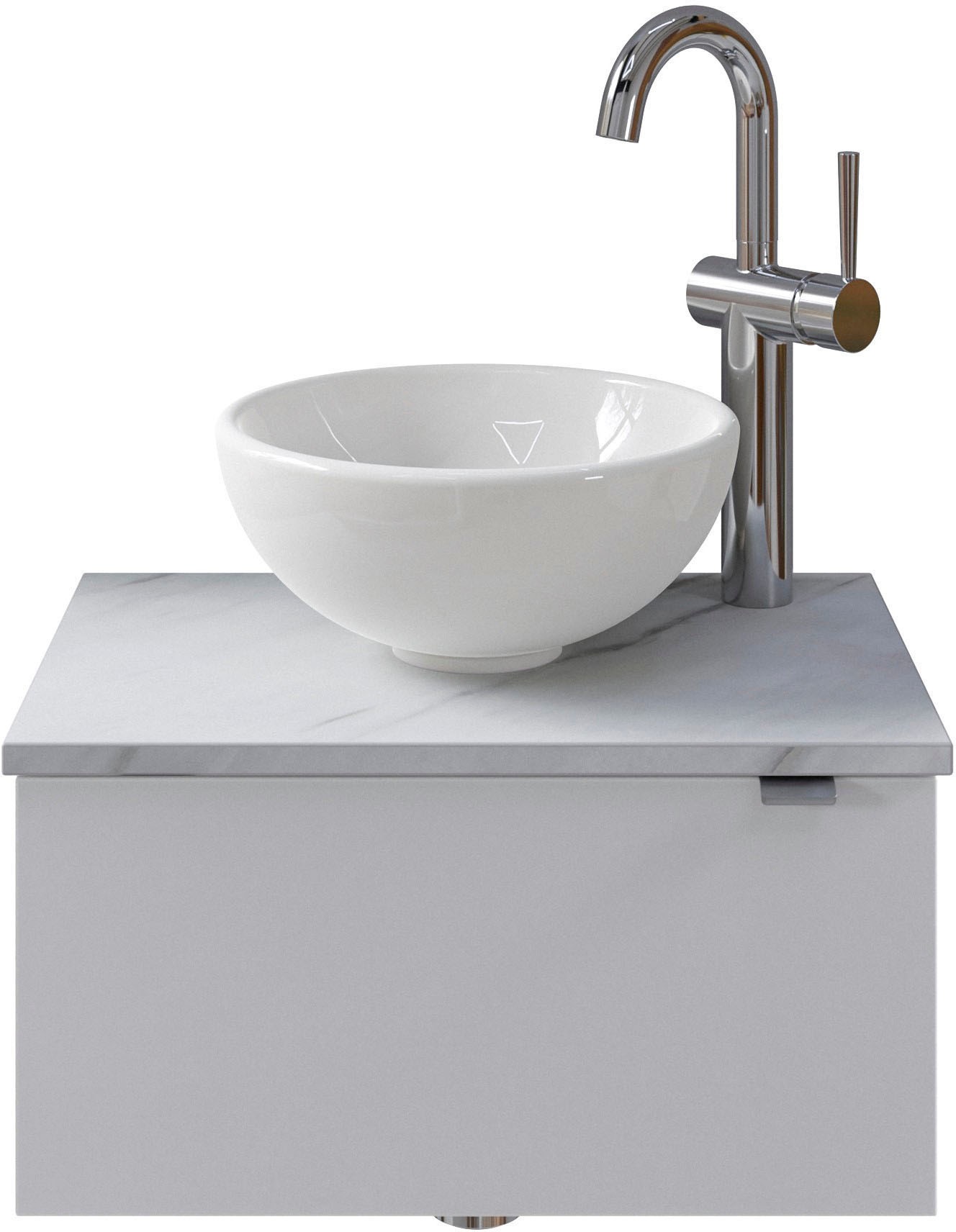 Saphir Waschtisch "Serie 6915 Waschschale mit Unterschrank für Gästebad, Gäste WC" Keramik-Aufsatzbecken, Waschtischplatte, Waschtischunterschrank, 3 Stk. tlg. 51 cm breit, 1 Tür, Waschtischplatte, kleine Bäder, ohne Armatur