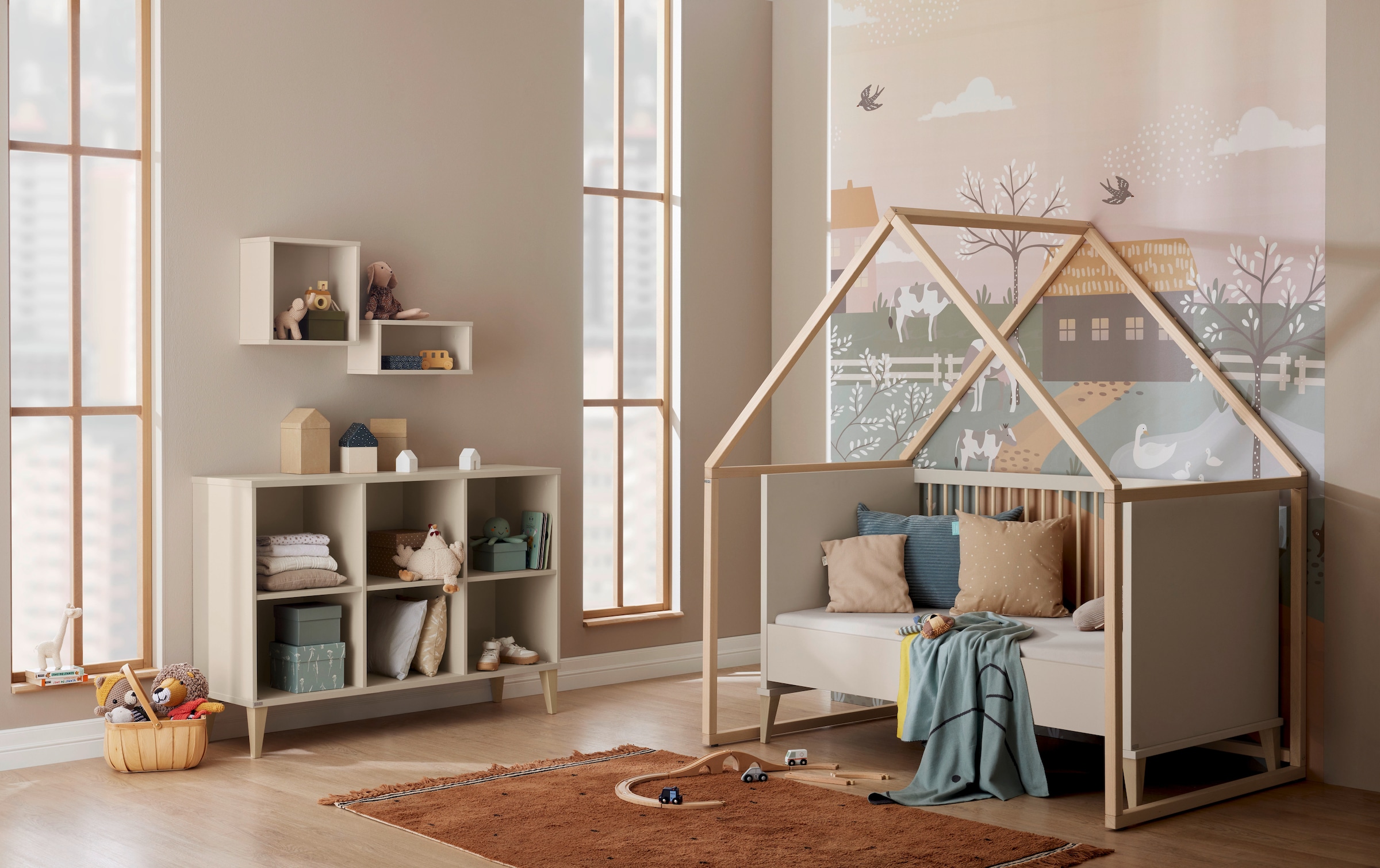 PAIDI Sideboard »JONTE in Beige, 6 offene Fächer« B/H/T ca. 124/87/38cm, Cashmere-Beige,  stabiles Regal mit Massivholz-Füßen, offenes Standregal