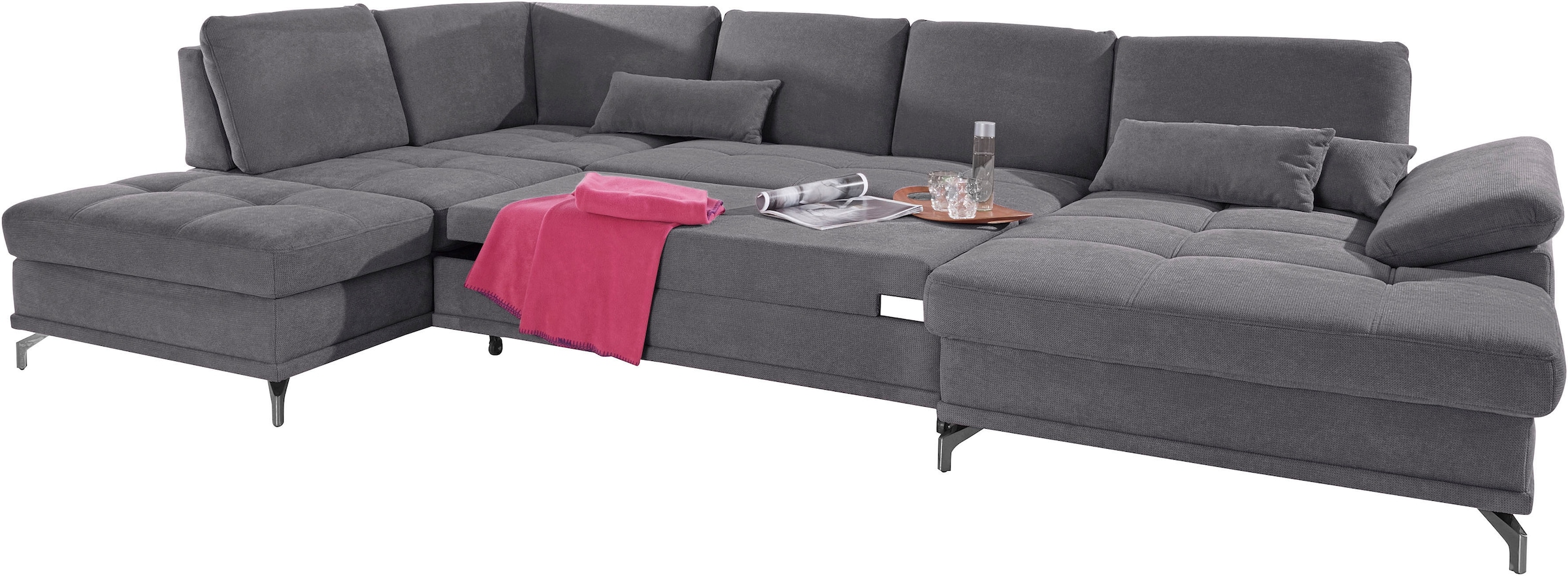 Places of Style Wohnlandschaft »Costello U-Form, mit Sitztiefenverstellung, Armteilverstellung und«, 3 Nierenkissen, optional Bettfunktion und Bettkasten