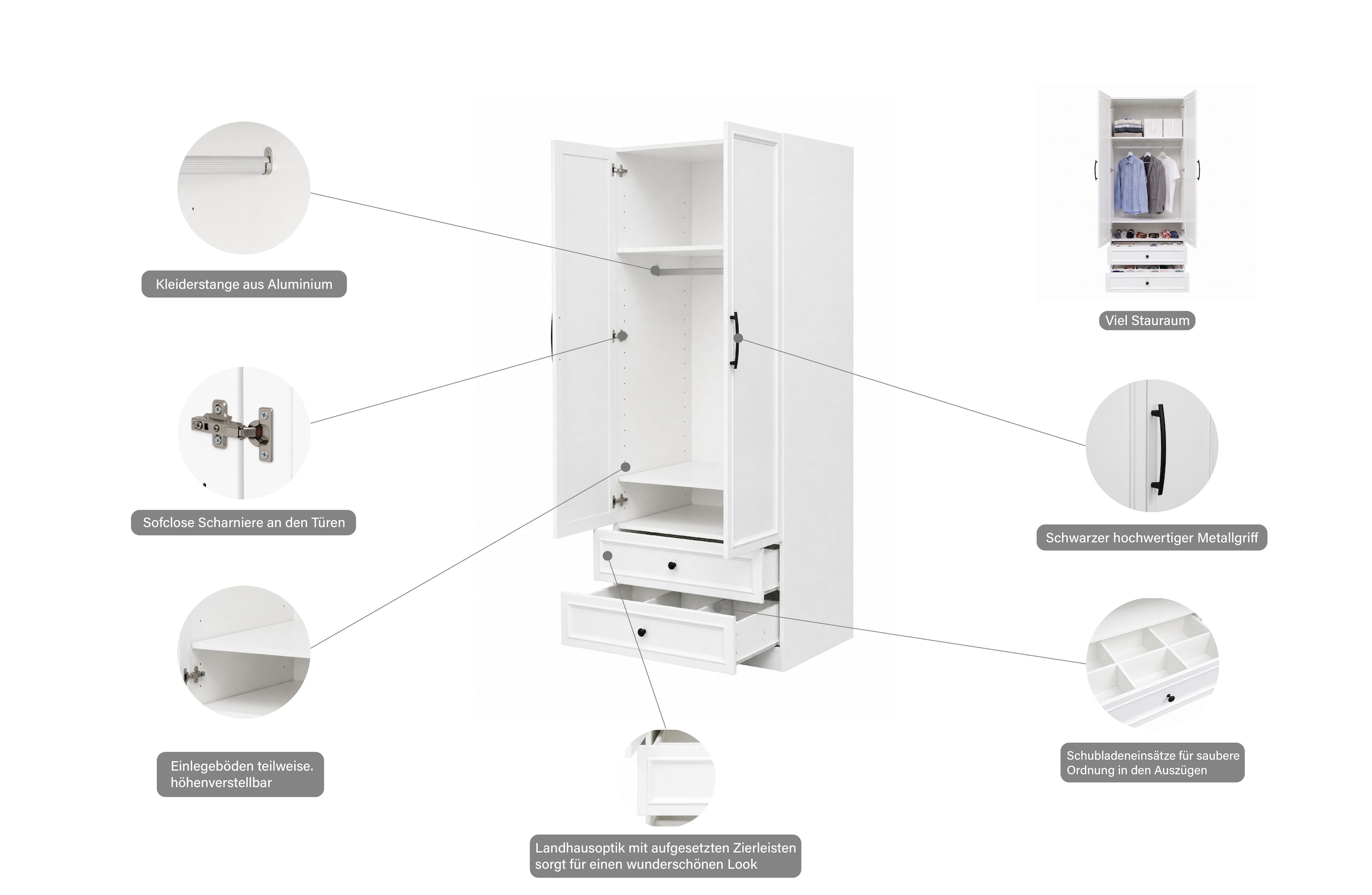 OTTO home Kleiderschrank »Arrian, weiß, 80 cm, 2 Türen, 2 Schubladen« EXTRA VIEL PLATZ FÜR IHRE GARDEROBE