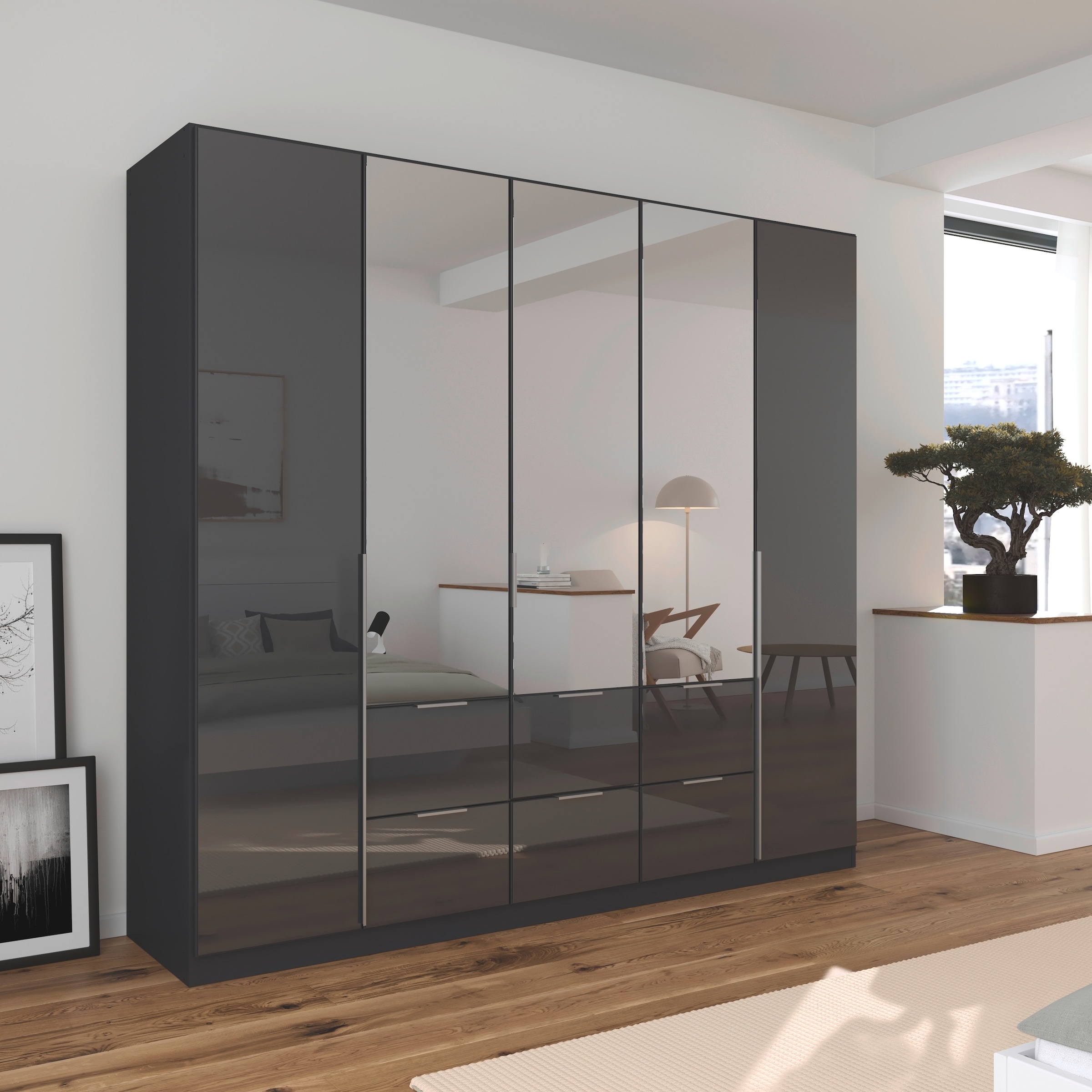 rauch Drehtürenschrank »Kleiderschrank Kleiderschränke Schrank Garderobe AGORDO mit Glasfront«, (in zwei Griff-Farben, Breiten 91-360 cm), mit Außenschubkästen, in 7 Breiten und 2 Höhen MADE IN GERMANY