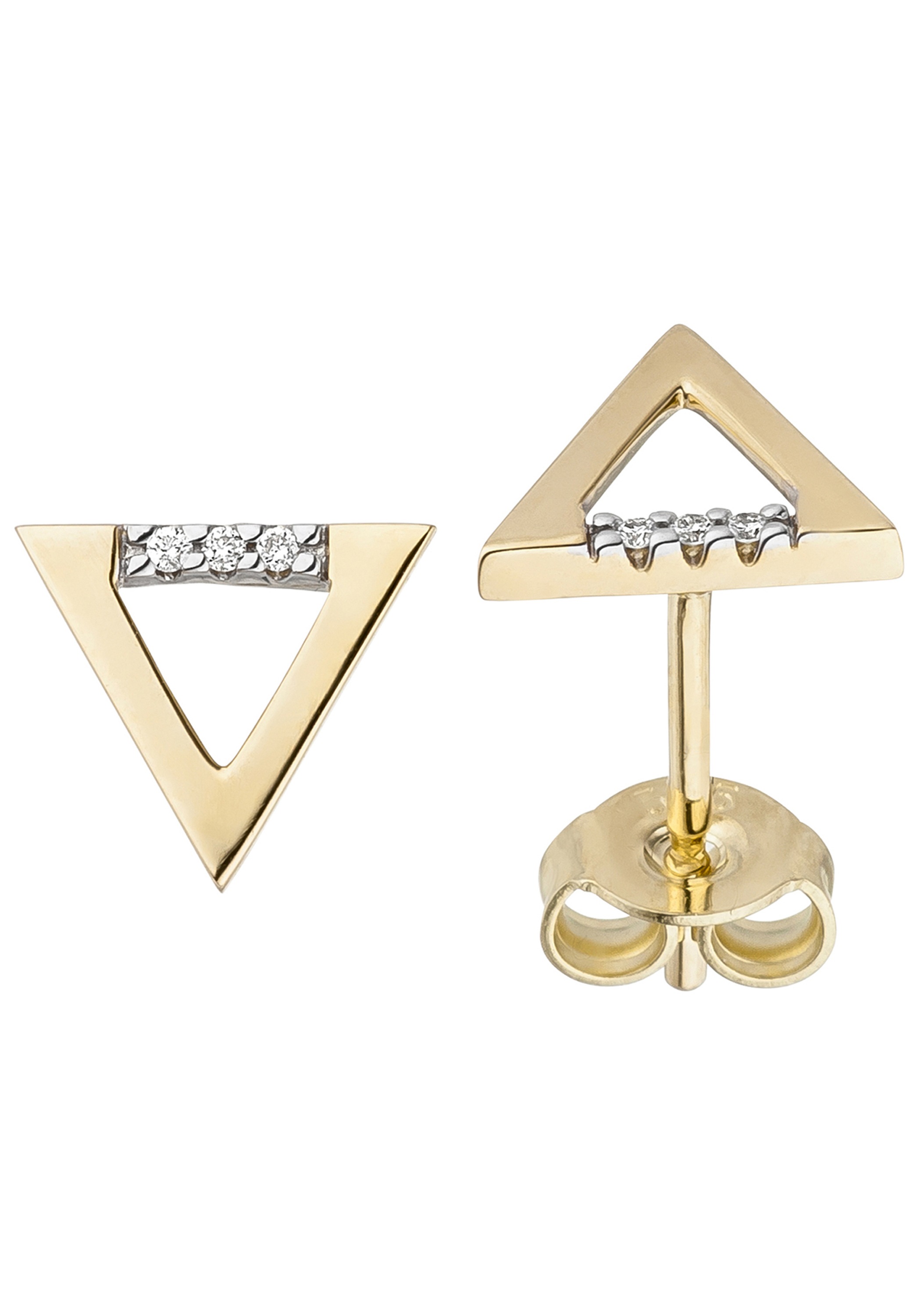 Paar Ohrstecker JOBO, gelb (gelbgold 585), Ohrringe, Damen, P1 = bei 10-facher Vergrößerung erkennbare Einschlüsse, Diamanten Gelbgold 585, Diamanten, Gelbgold 585, dreieckig 585 Gold mit 6 Diamanten